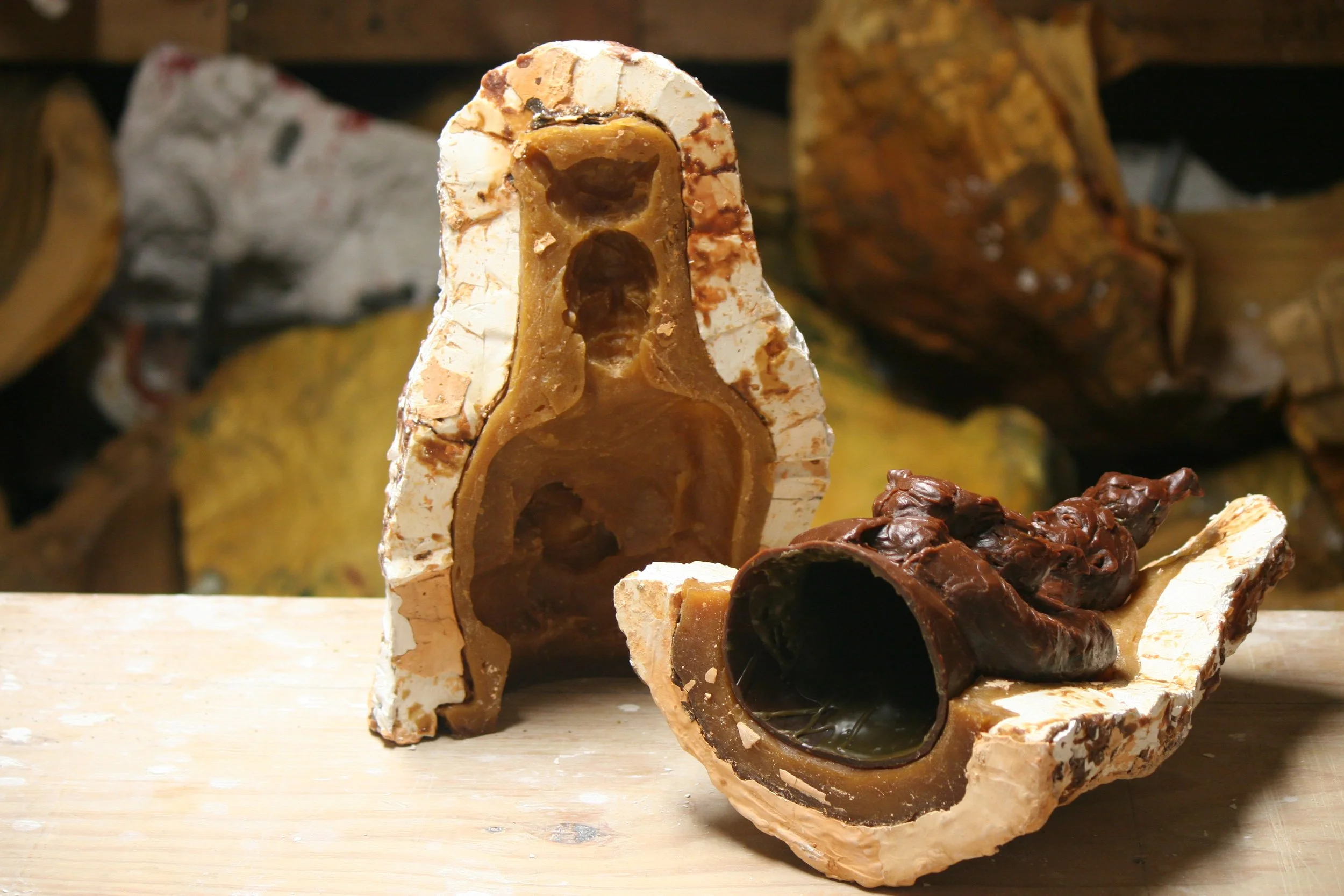 Cross-section of a rubber and plaster Mold with a wax casting inside.