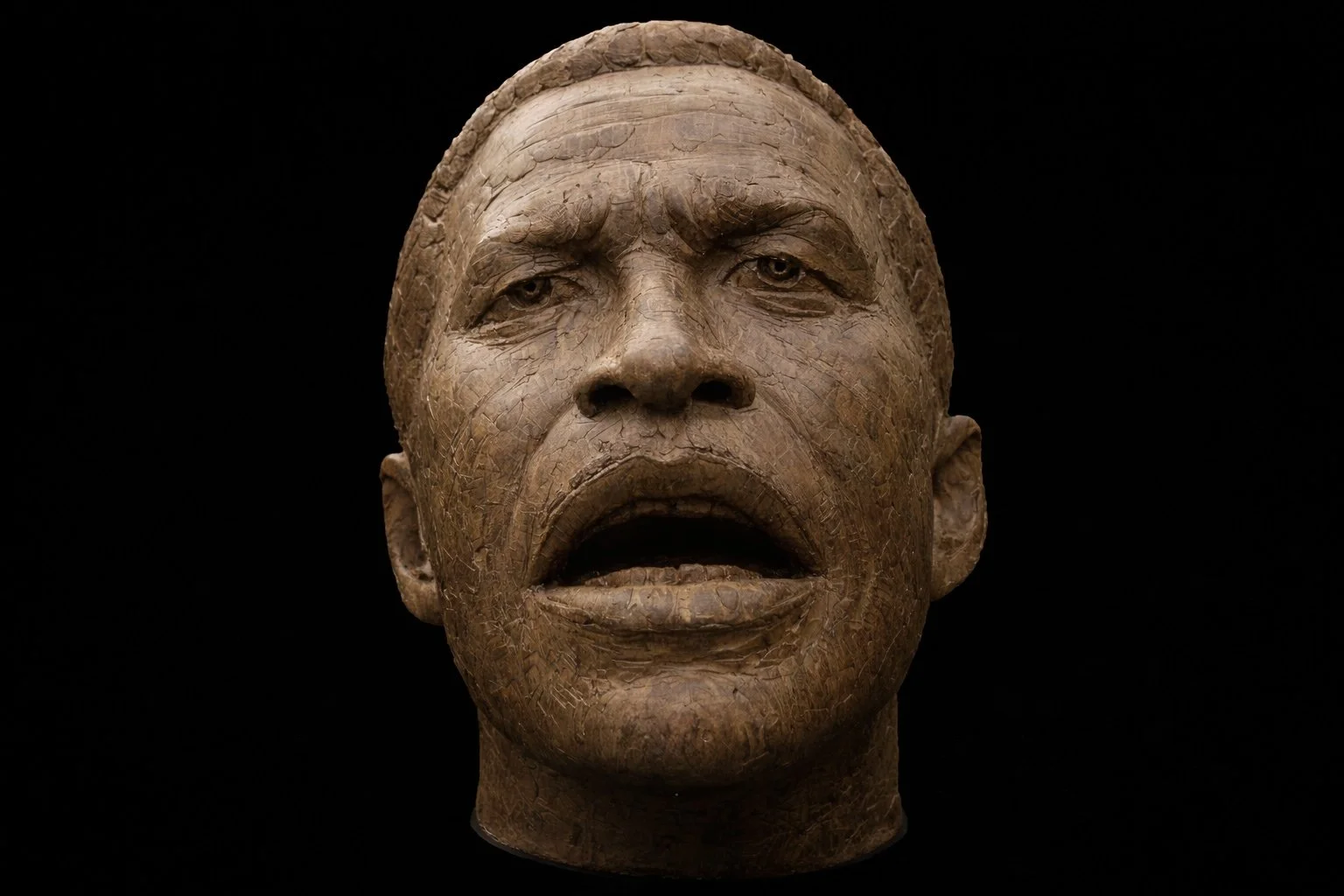 Ancient wooden sculpture of a person's face with an open mouth, placed against a black background.