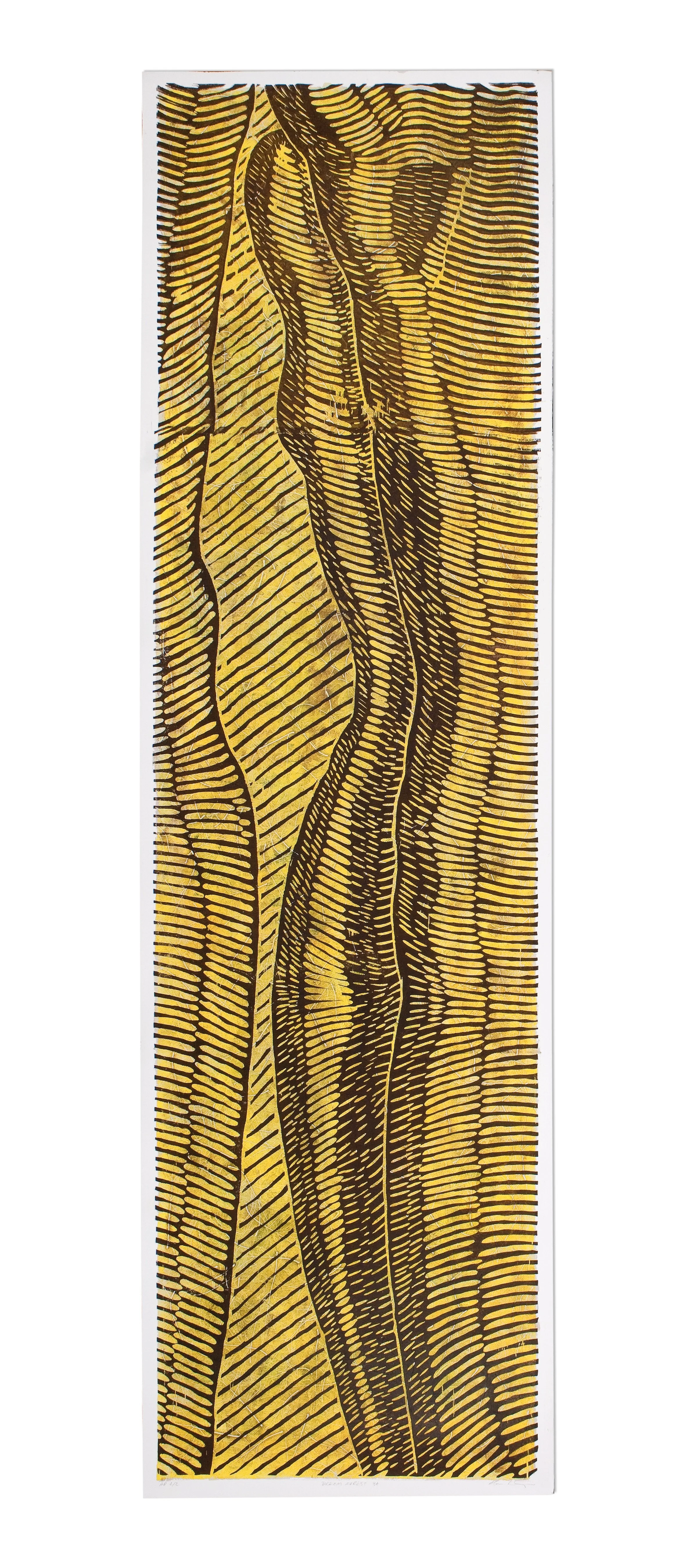 A vertical art piece featuring a stylized, abstract depiction of a woman's figure with flowing lines and dark outlines, rendered in shades of yellow, orange, and brown.