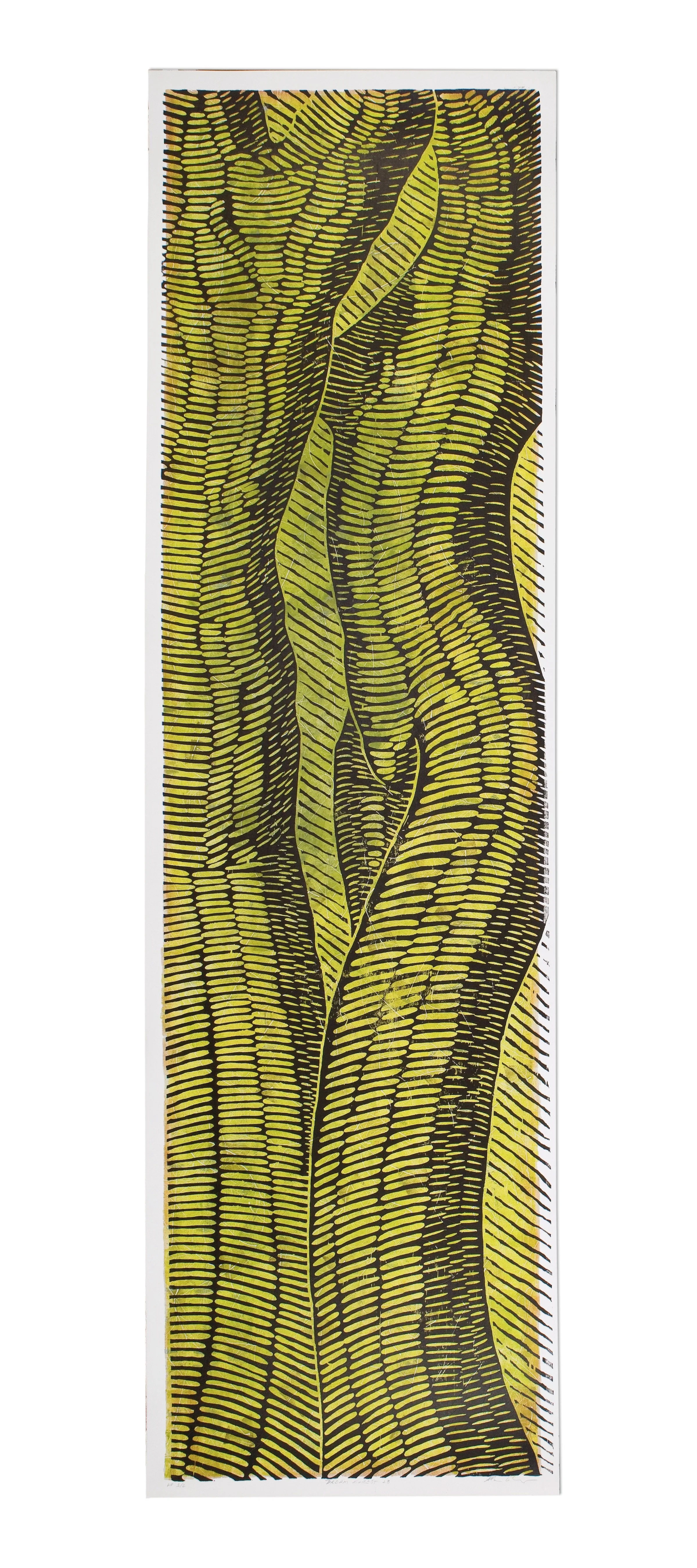A vertical art piece featuring stylized yellow and black patterns resembling leaf or feather textures.