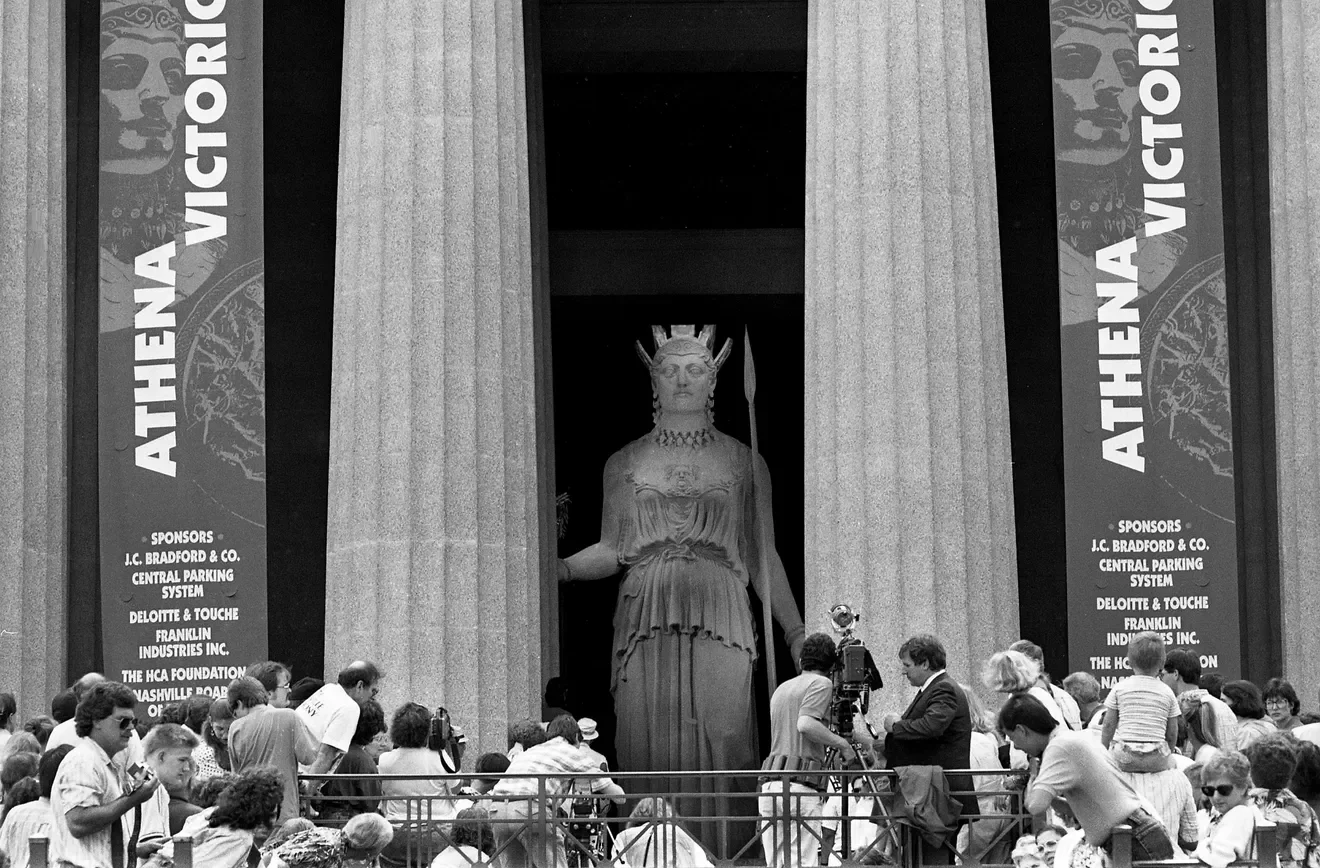 The huge door of the Parthenon in Centennial Park opens during the unveiling ceremonies of the 42-foot-tall Athena Parthenos by Nashville sculptor Alan LeQuire on May 20, 1990.
Bill Steber / The Tennessean