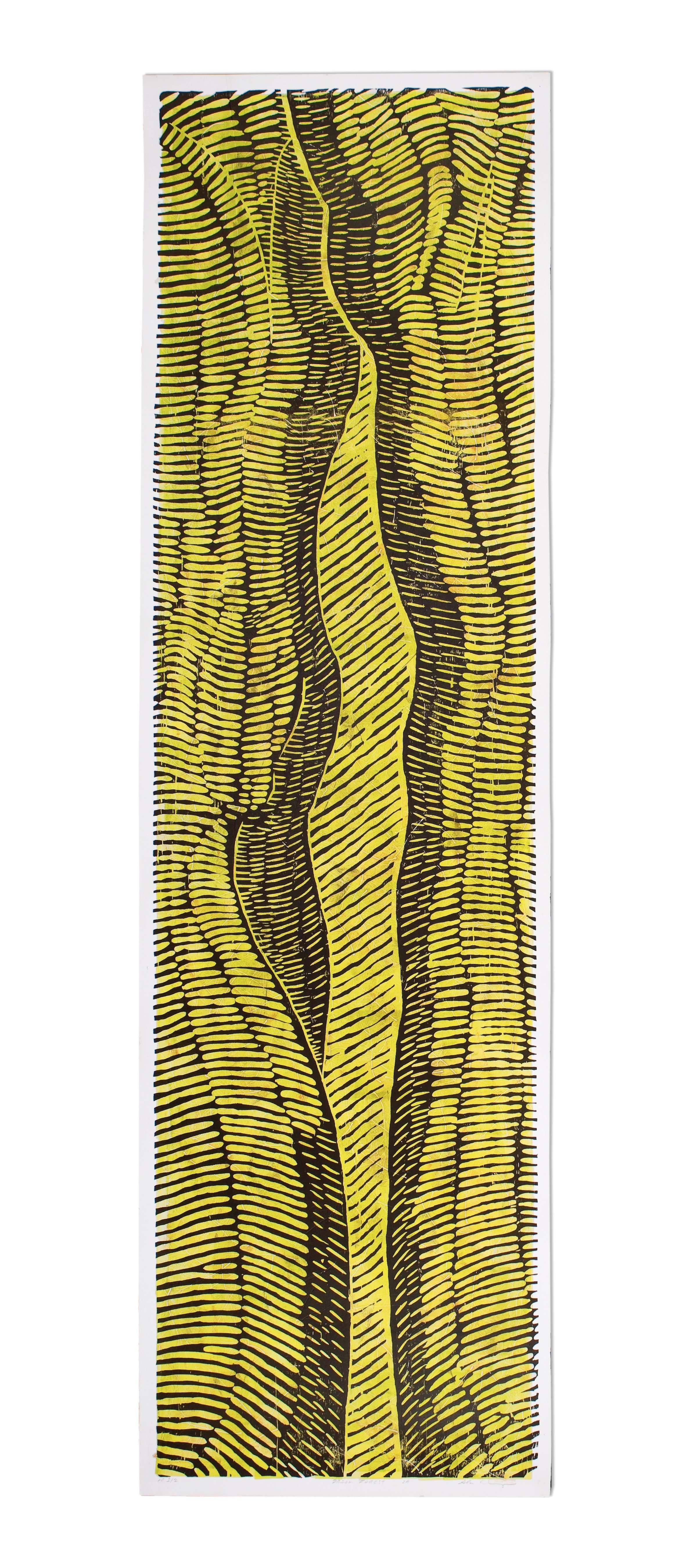 A colorful abstract artwork featuring yellow and black wavy and striped patterns.