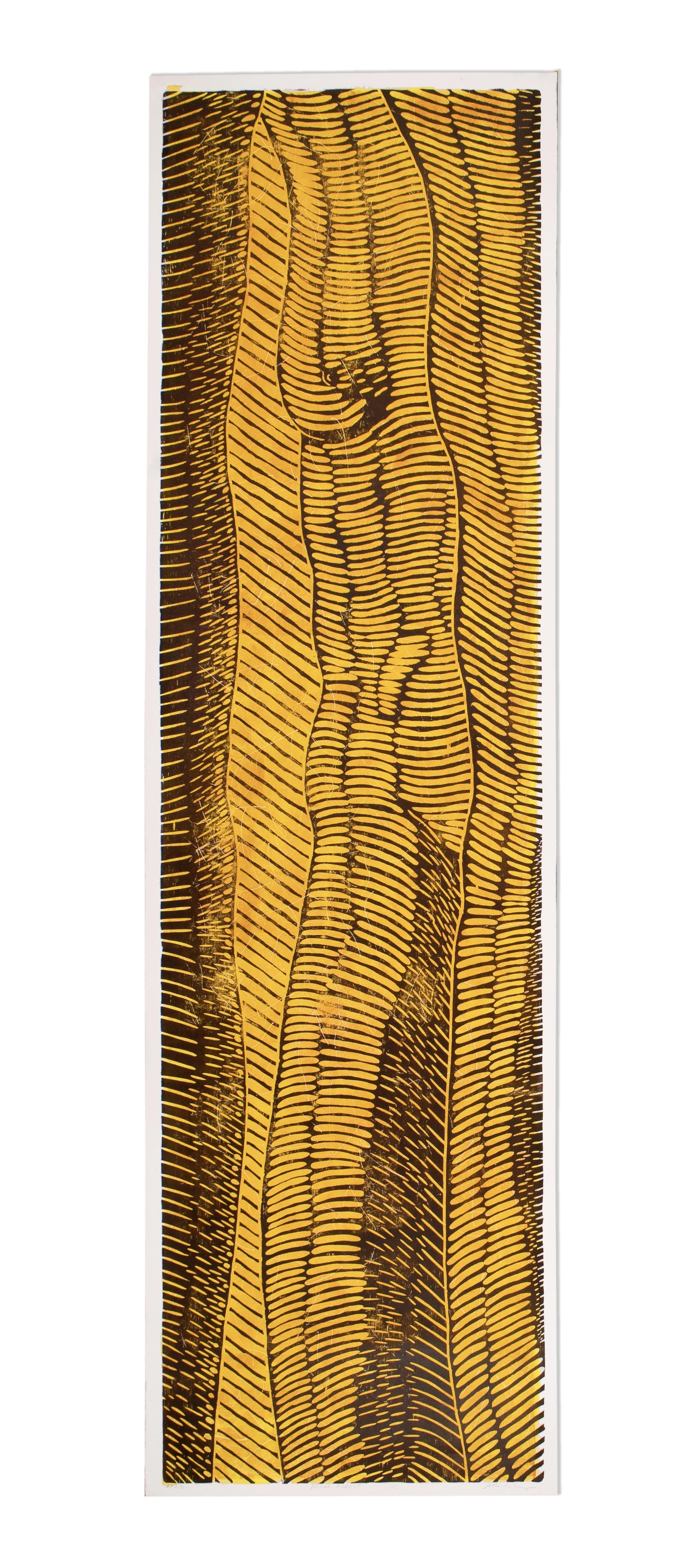 A tall, rectangular artwork featuring stylized, abstracted human figures in yellow and black, created with bold, curved lines.