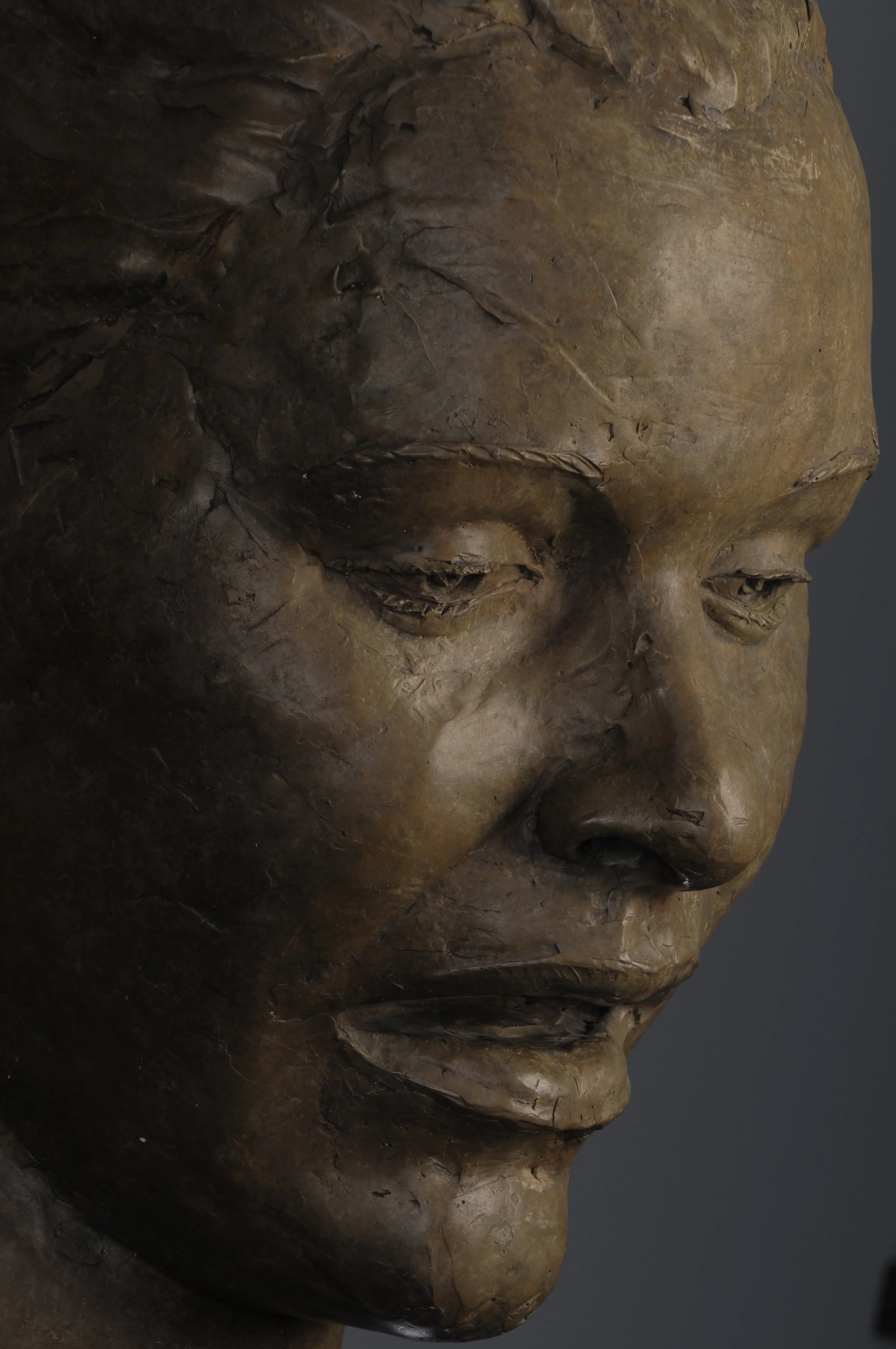 Close-up photograph of a bronze statue depicting a person's face in profile, showing detailed facial features including closed eyes, nose, and lips.