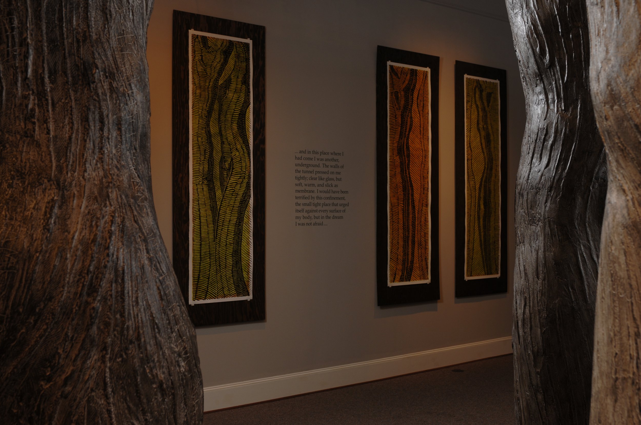 Viewing artwork through tree trunks at an art gallery. Dream Forest Wood Block Prints.