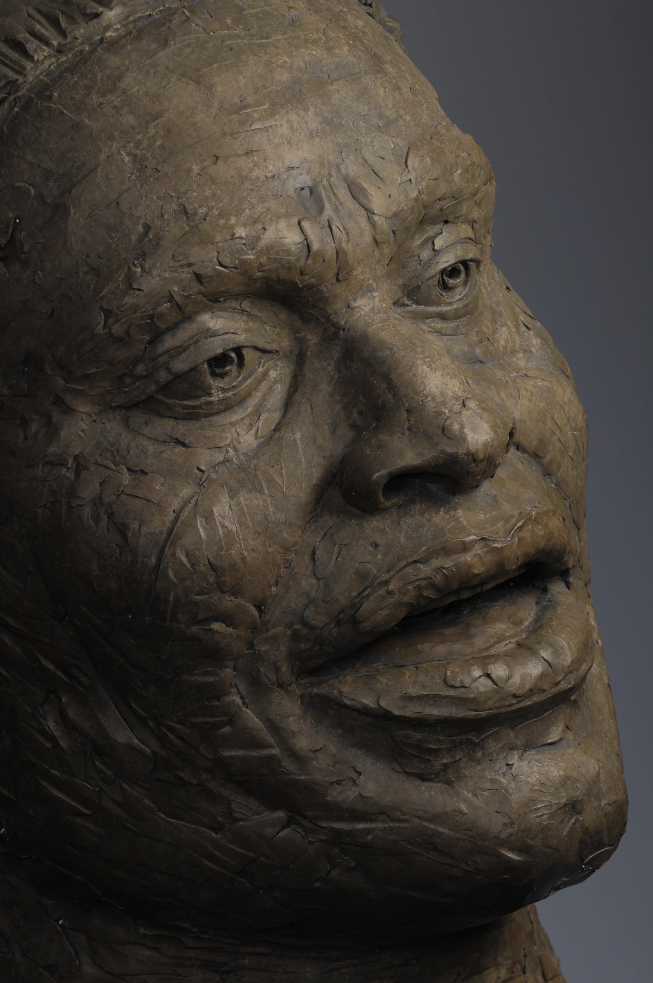Close-up of a bronze or copper sculpture of a person's face with detailed facial features.  Cultural Heroes