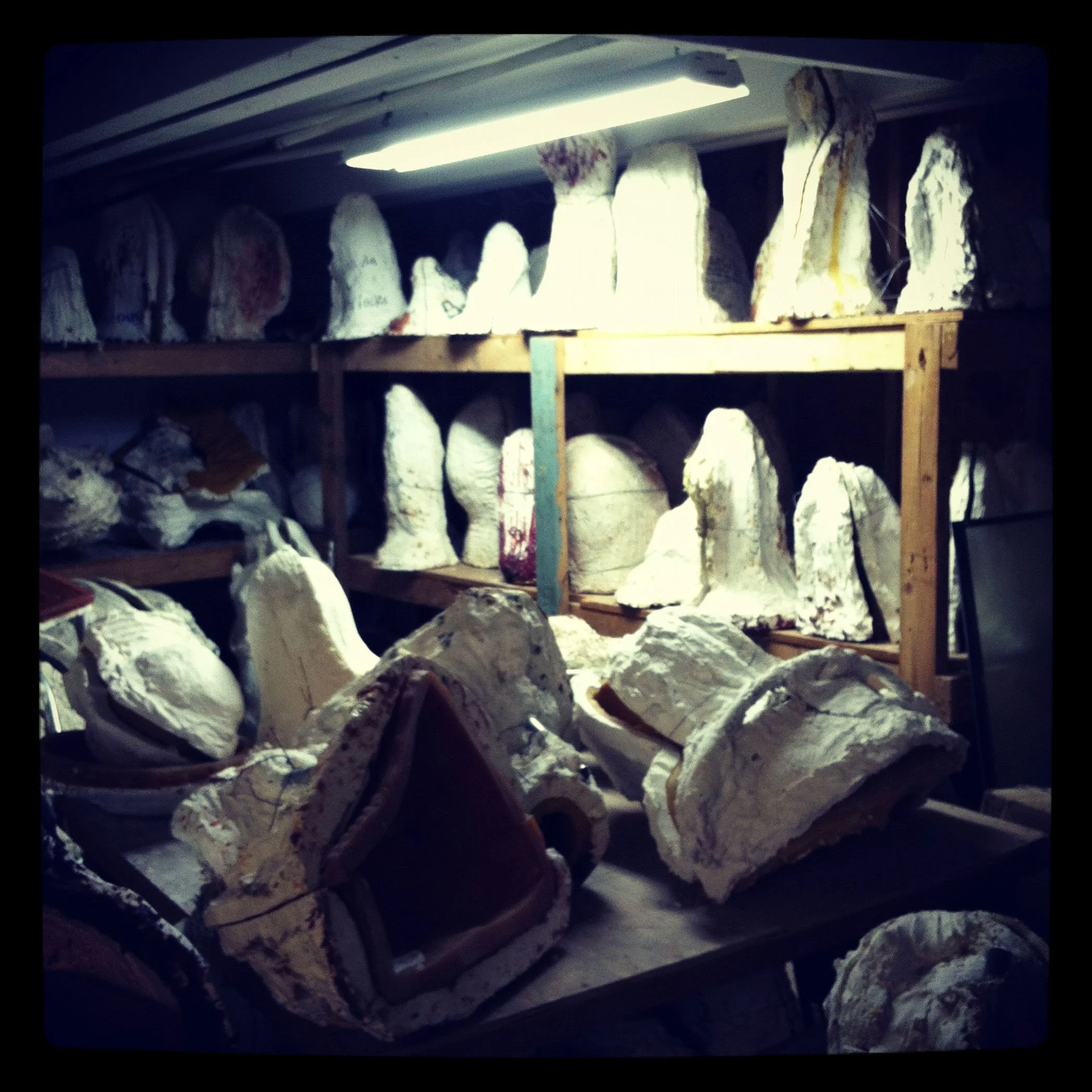 Shelves filled with molds for sculpture.