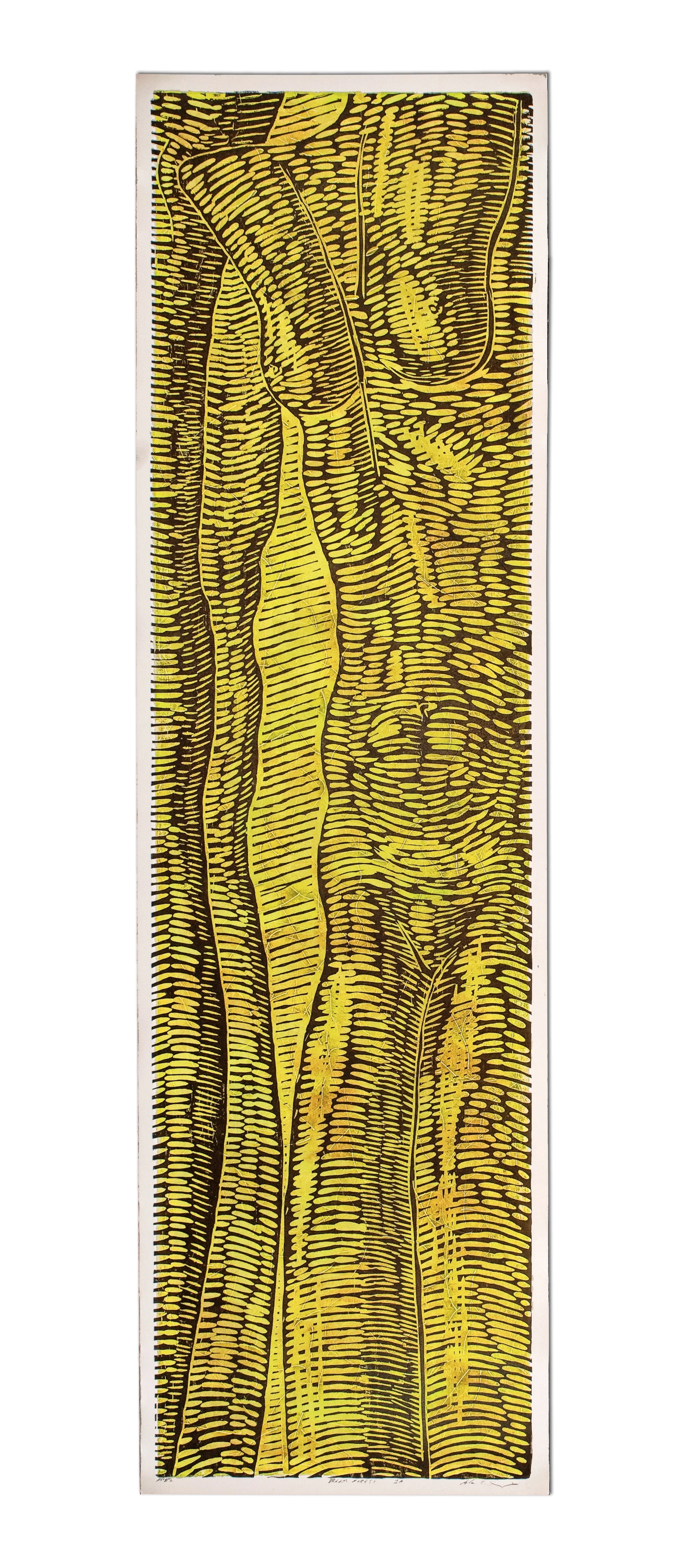 A colorful abstract painting featuring yellow and black patterns resembling leaves or feathers, with long vertical, curved lines.