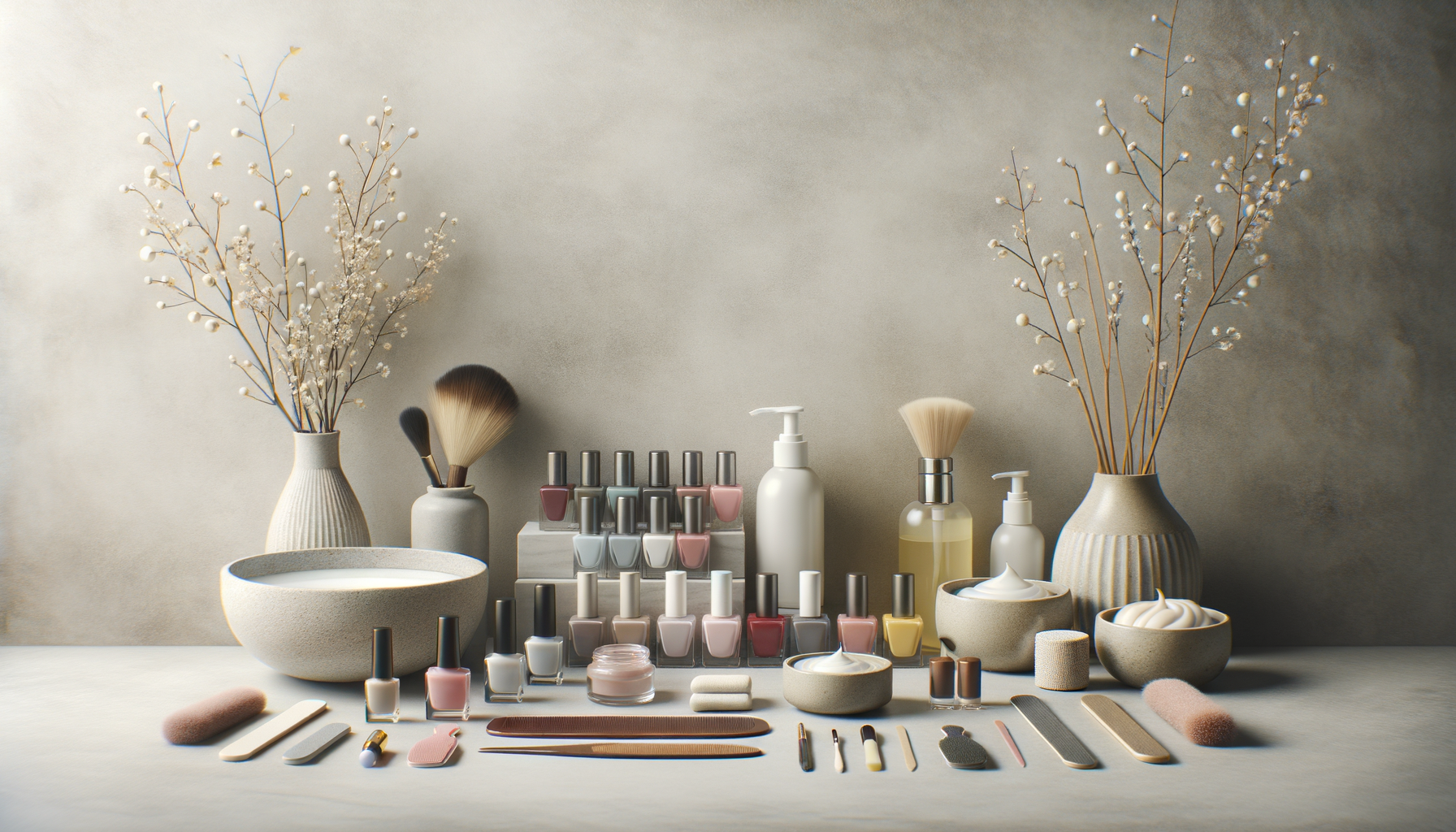 Collection of nail polish bottles, skincare products, brushes, and beauty accessories arranged on a flat surface with decorative vases containing dried branches.