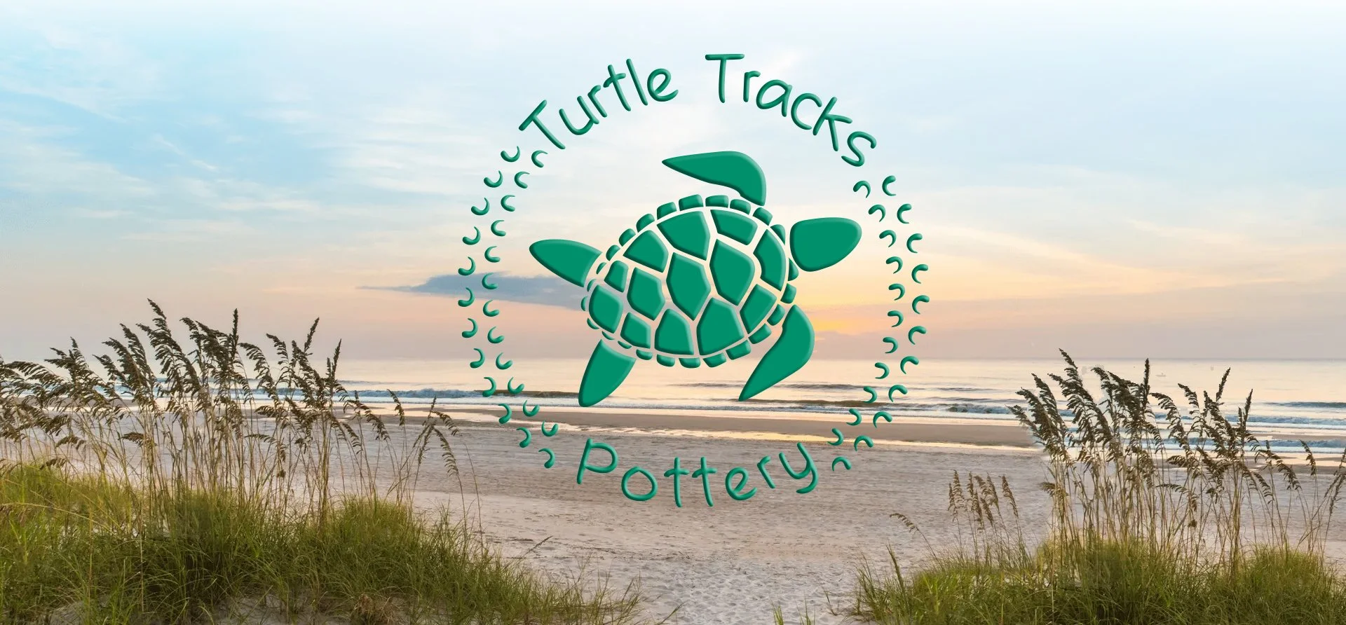 Beach scene at sunset with grassy dunes in the foreground, calm ocean waves, and a partly cloudy sky. Overlaid is a green turtle illustration with the text 'Turtle Tracks Pottery' in a circular arrangement.