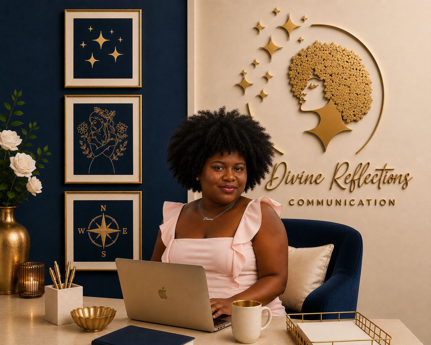 Professional elegance in a branded workspace.