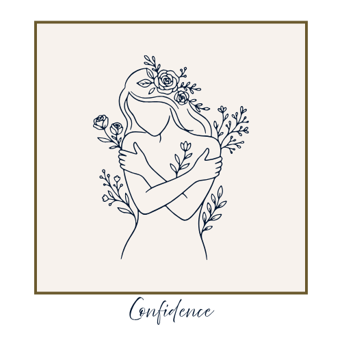 Line drawing of a woman with long hair, surrounded by flowers and leaves, hugging herself, with the word 'Confidence' written below.