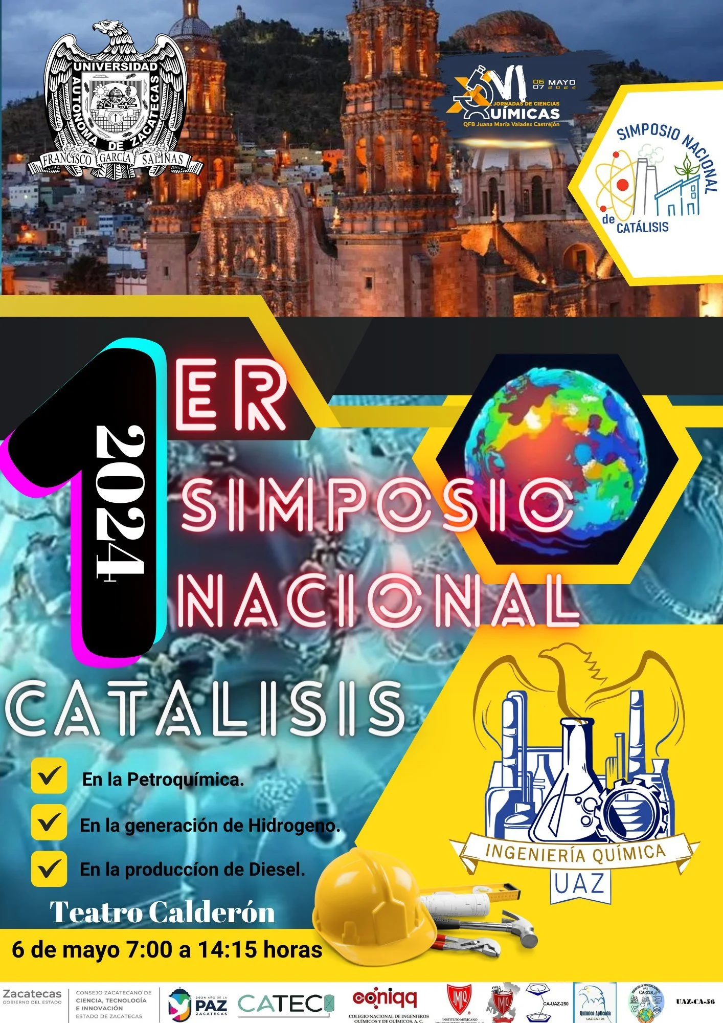 Cartel promocional del Simposio Nacional de Catálisis 2024 en el que aparecen material de laboratorio de vidrio y un globo terráqueo, junto con los detalles del evento y los logotipos, con una imagen de fondo de edificios históricos al atardecer.