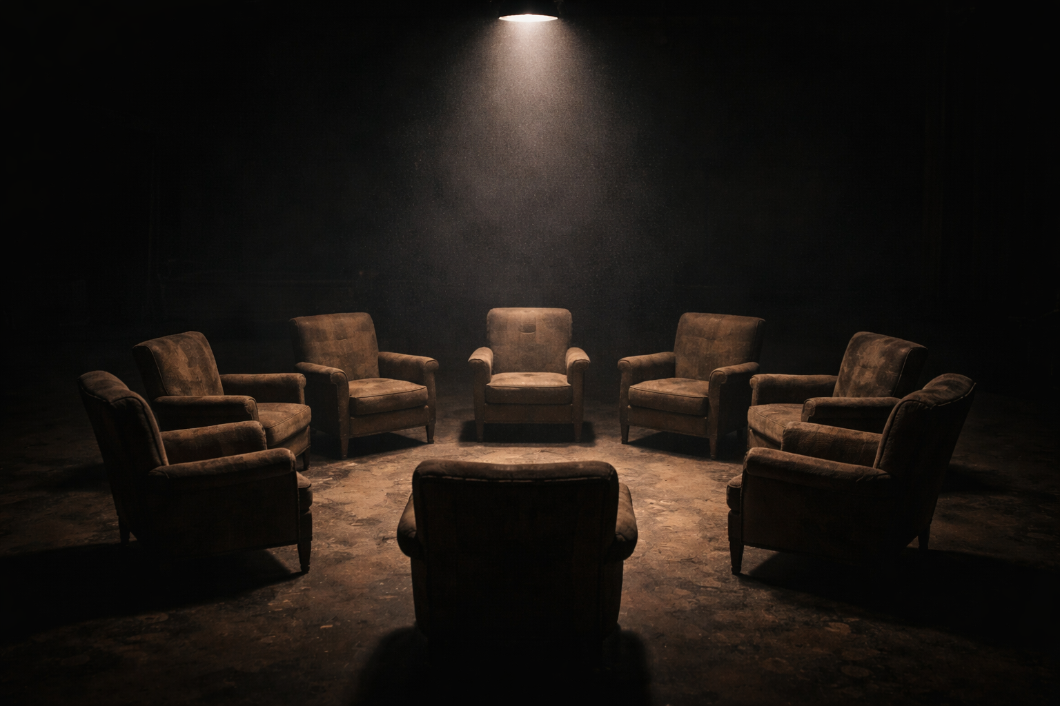 A circle of eight vintage armchairs in a dark room illuminated by a spotlight from above, with dust particles visible in the air.