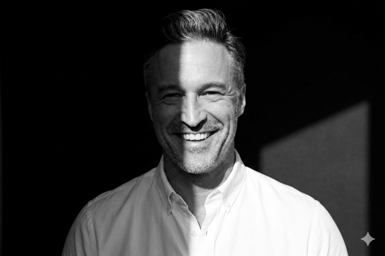 Black and white portrait of smiling middle-aged man with short hair, wearing a light-colored button-up shirt, in front of a dark background.