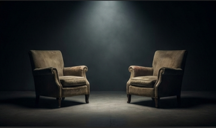 Two vintage armchairs facing each other in a dimly lit room with a plain dark wall background.