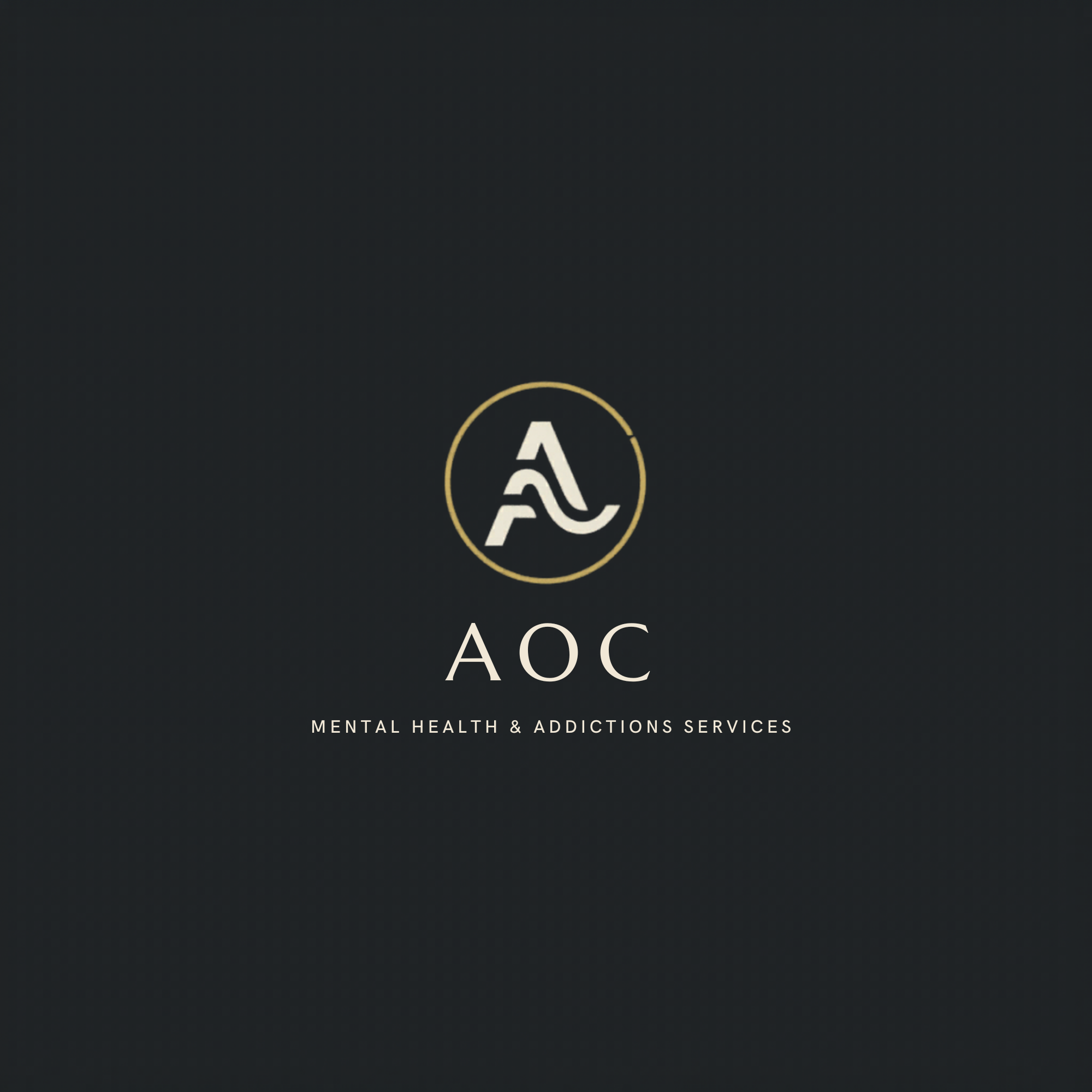 Dark-themed promotional poster for mental health and addictions services, featuring a minimalist design with a gold outline mental health ribbon and the words 'A.O.C.' and 'MENTAL HEALTH & ADDICTIONS SERVICES'.