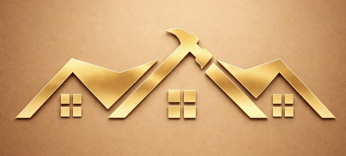 Gold house-shaped line graph on brown background.