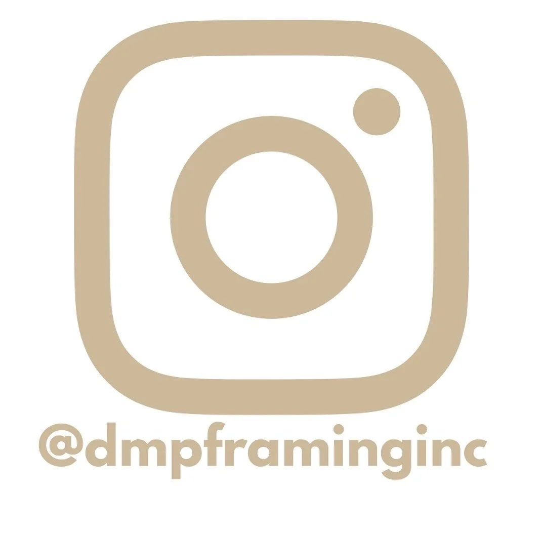 Instagram logo in beige with the handle @dmpframinginc