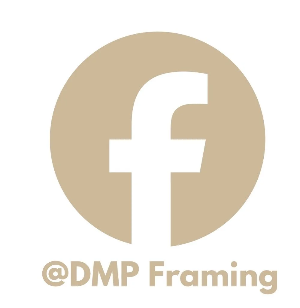 A logo featuring a white Facebook 'f' inside a beige circle, with the text '@DMP Framing' below.
