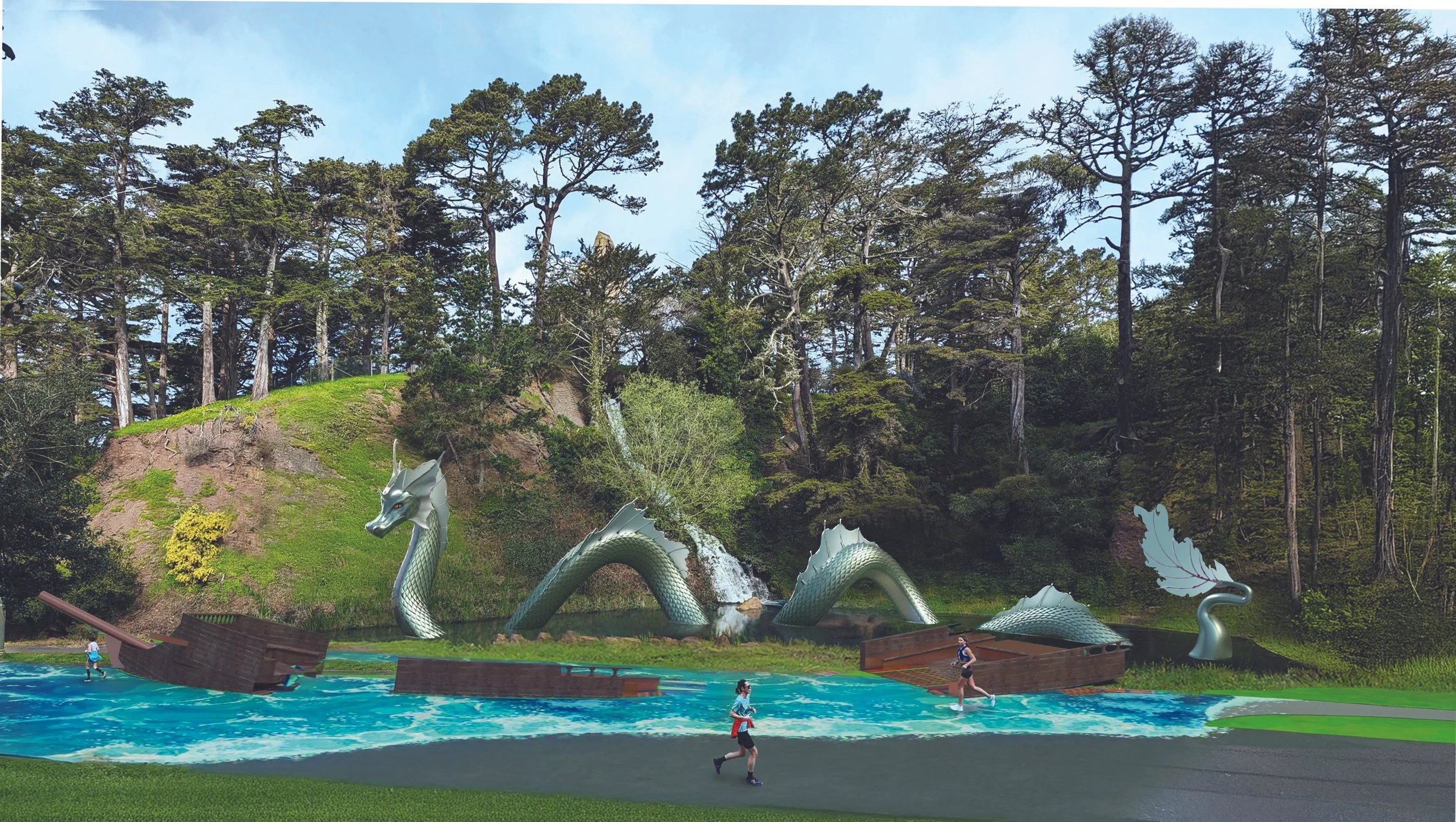 A whimsical park scene with a large metallic dragon statue emerging from water, set against a backdrop of tall trees and a hillside. Children are seen playing in the pool, and a boat is floating nearby, creating a fantasy-like atmosphere.