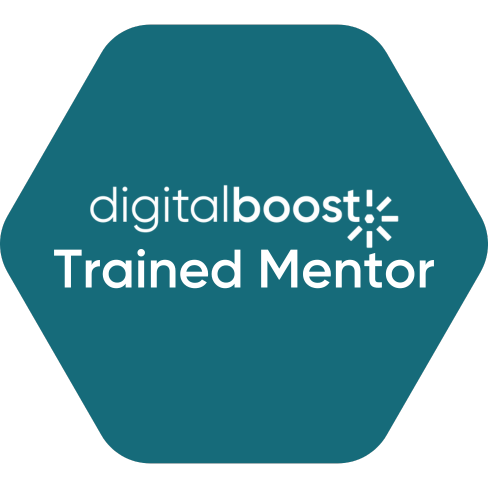 A teal hexagon badge with white text that says "digital boost! Trained Mentor."