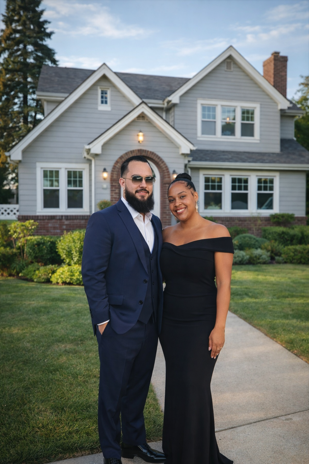 A well-dressed couple stands on a sidewalk in front of a large, gray house with white trim. The man wears a navy blue suit and sunglasses, and the woman wears a black off-the-shoulder gown. They are smiling at the camera, with green grass and shrubs in the background.