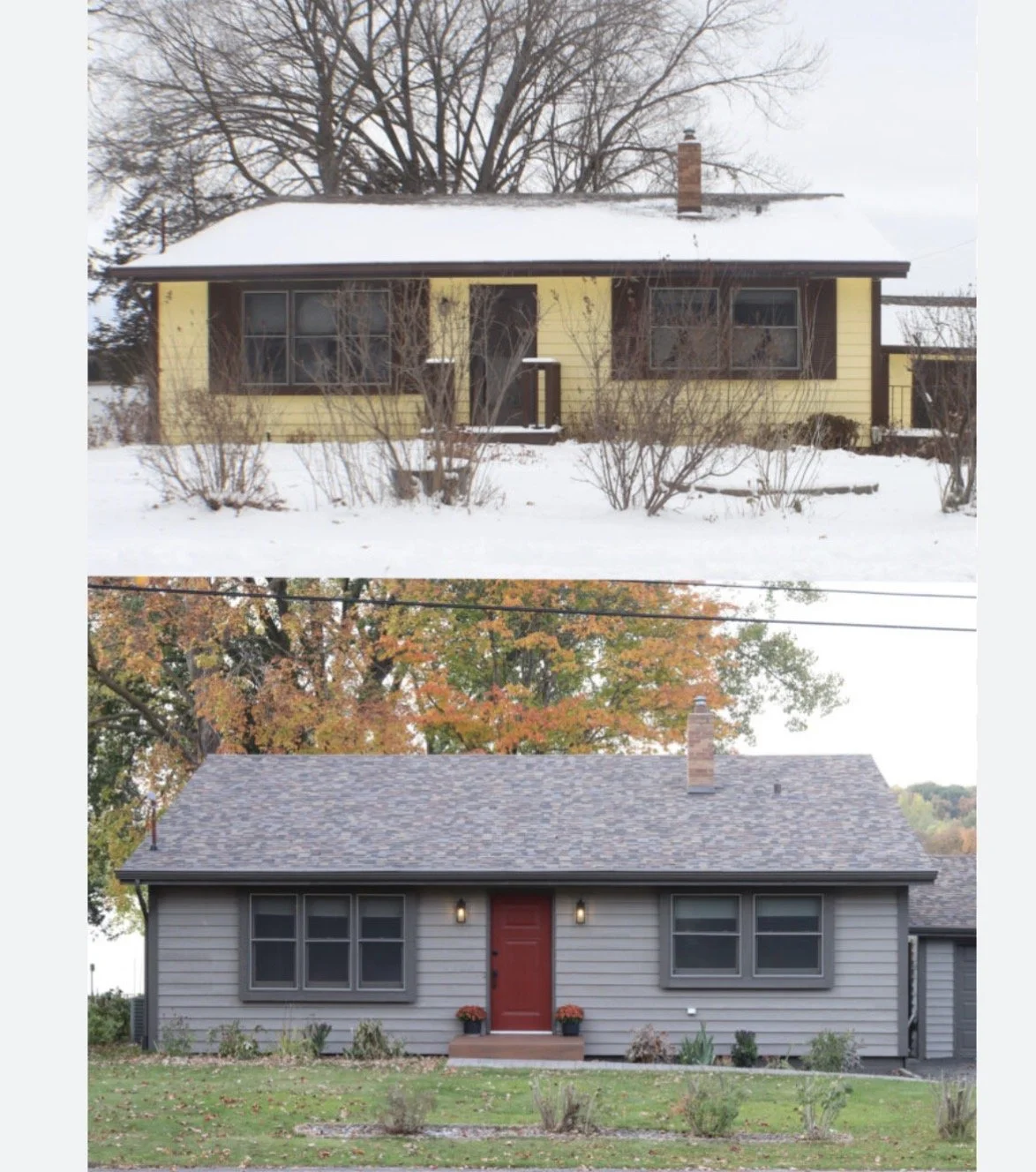 Comparison of the same house in winter and fall seasons. The top image shows the house with yellow exterior, snow on the ground, and leafless trees; the bottom image shows the house with gray siding, fallen leaves, and colorful fall foliage.