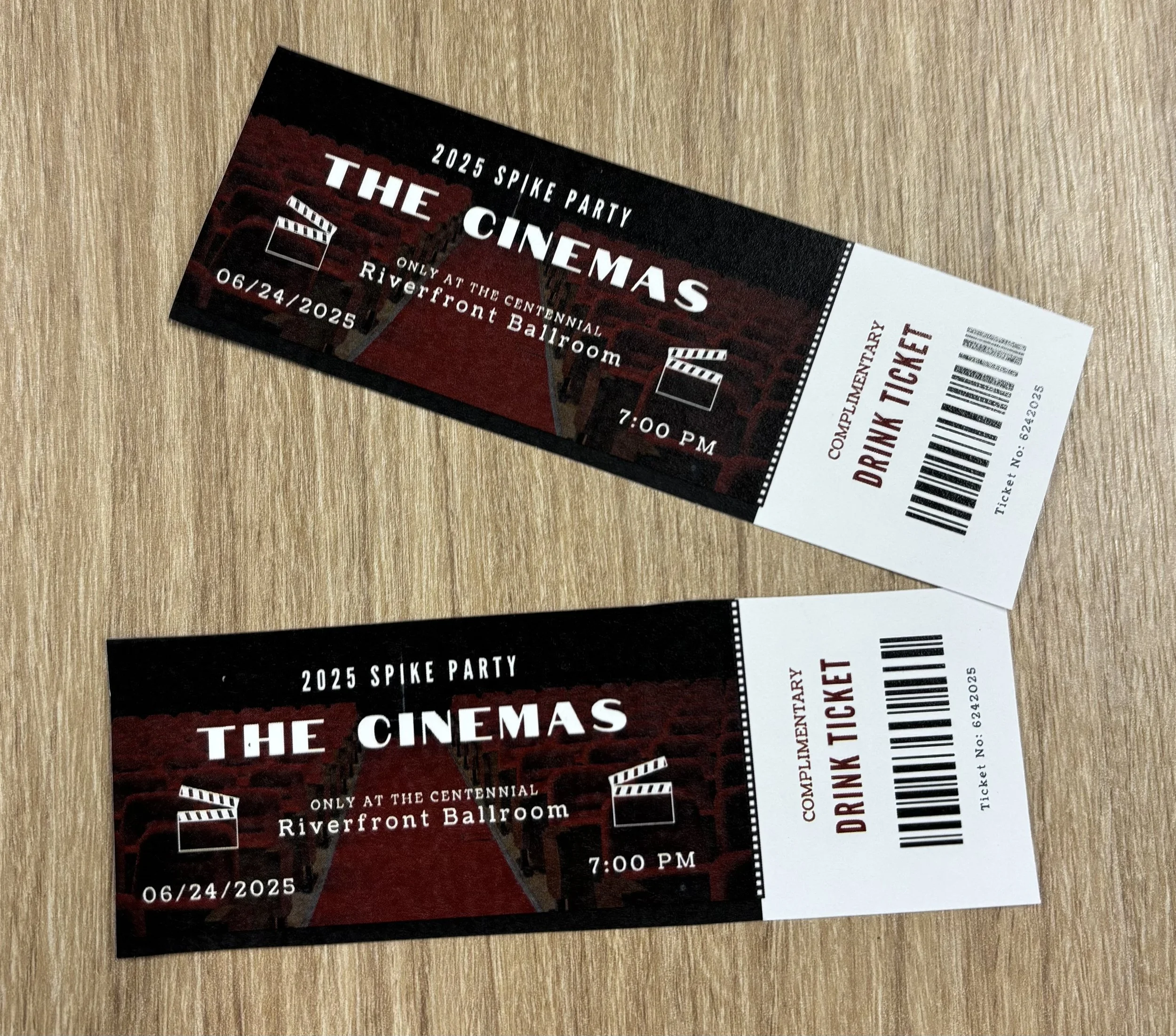 Custom movie tickets created as drink tickets, featuring sponsor recognition on the back and carrying the movie theme through the event with cohesive, creative details.