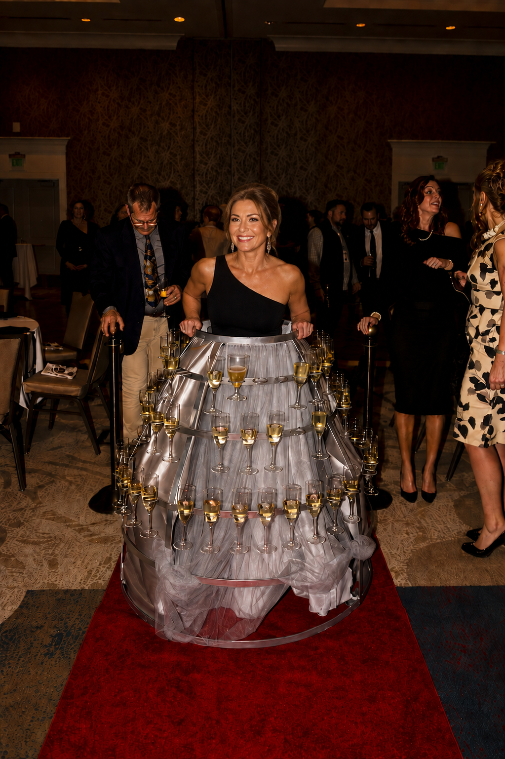 Custom champagne dress created in collaboration with a metal fabricator as a unique event feature designed to create a memorable and interactive guest experience.