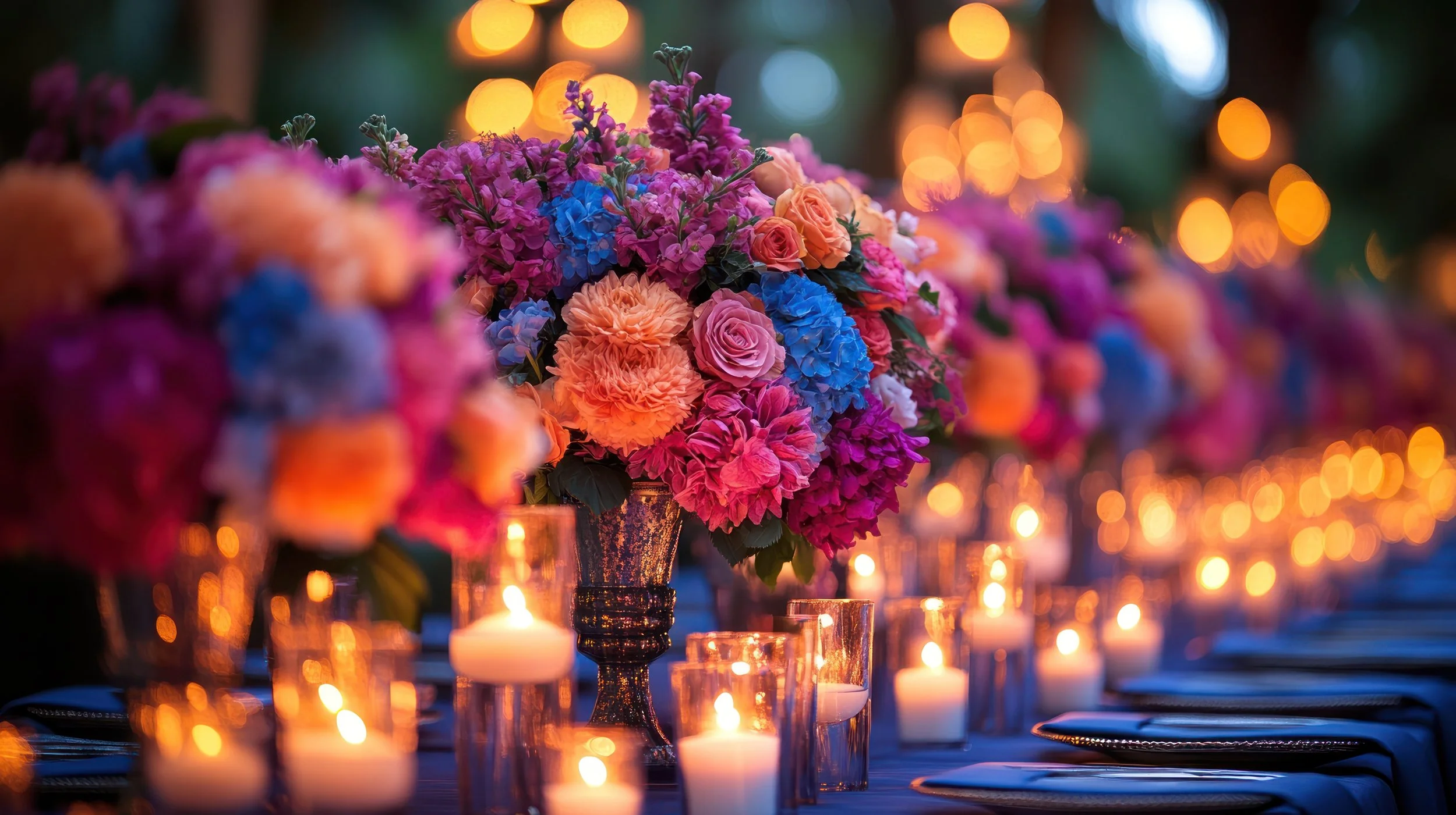 A table decorated with colorful flowers in vases and lit candles at an outdoor event during dusk.