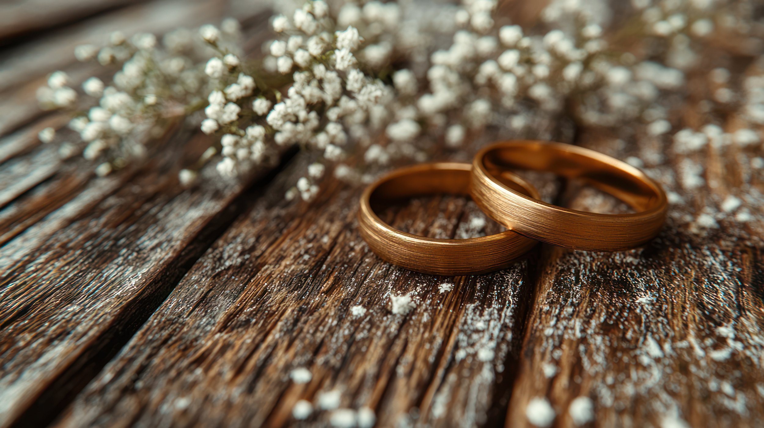 Two gold wedding rings resting on a weathered wooden surface with white baby's breath flowers in the background.