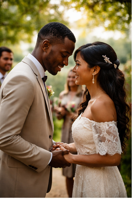 A bride and groom hold hands and smile at each other outdoors, with a wedding party in the background.
