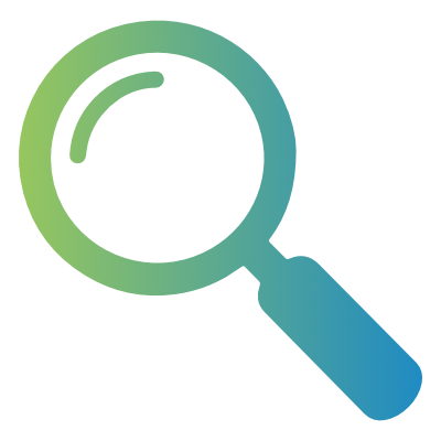 A magnifying glass with gradient green and blue colors.