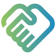 Geometric handshake icon with gradient green and blue colors and sharp edges.