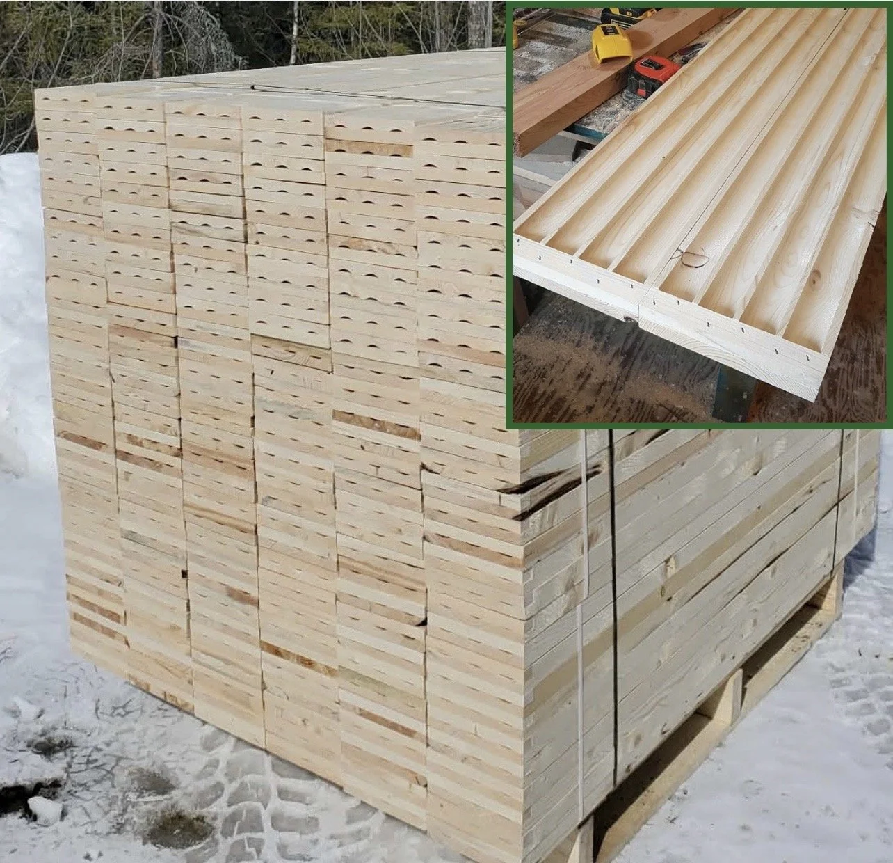 Kiln dried core trays bundled on a pallet ready for shipping