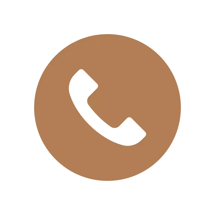 Brown circle with black telephone handset icon inside, representing a phone or call option.