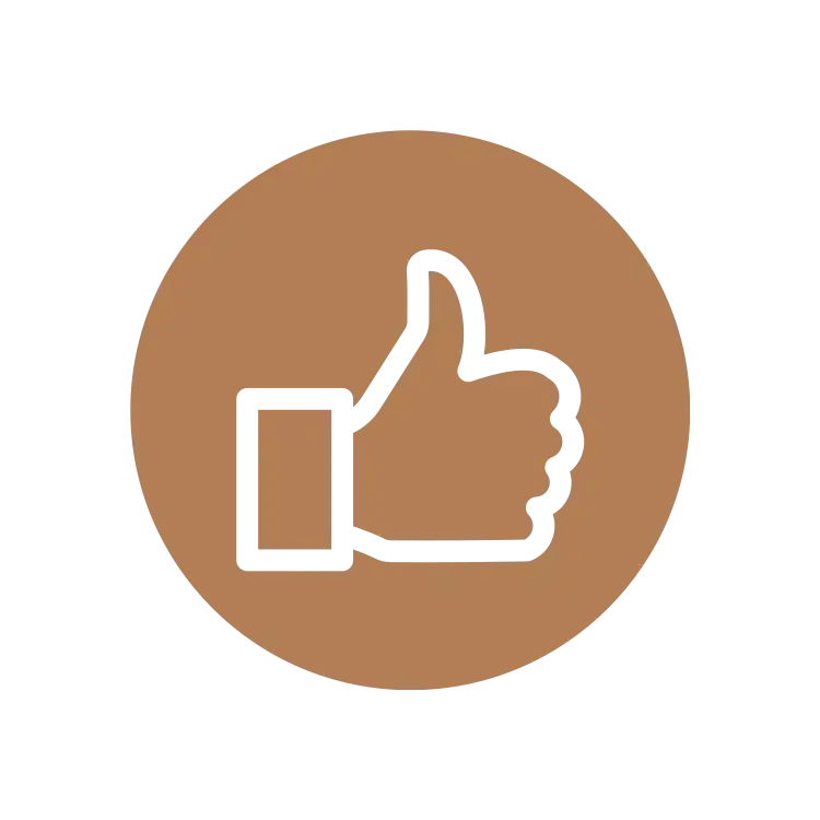 Black thumbs up icon inside a brown circle.