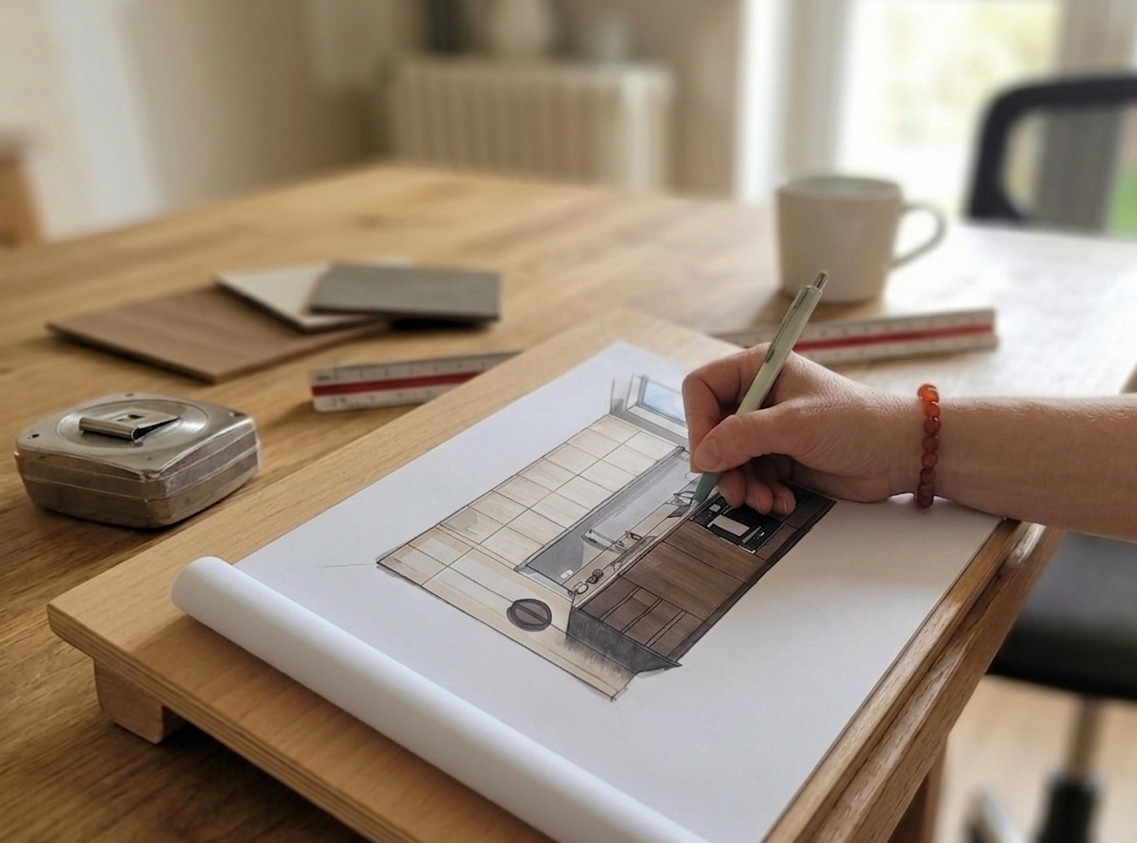 Un designer ou architecte esquisse un plan de cuisine moderne sur un papier, avec divers matériaux et outils de dessin sur la table.