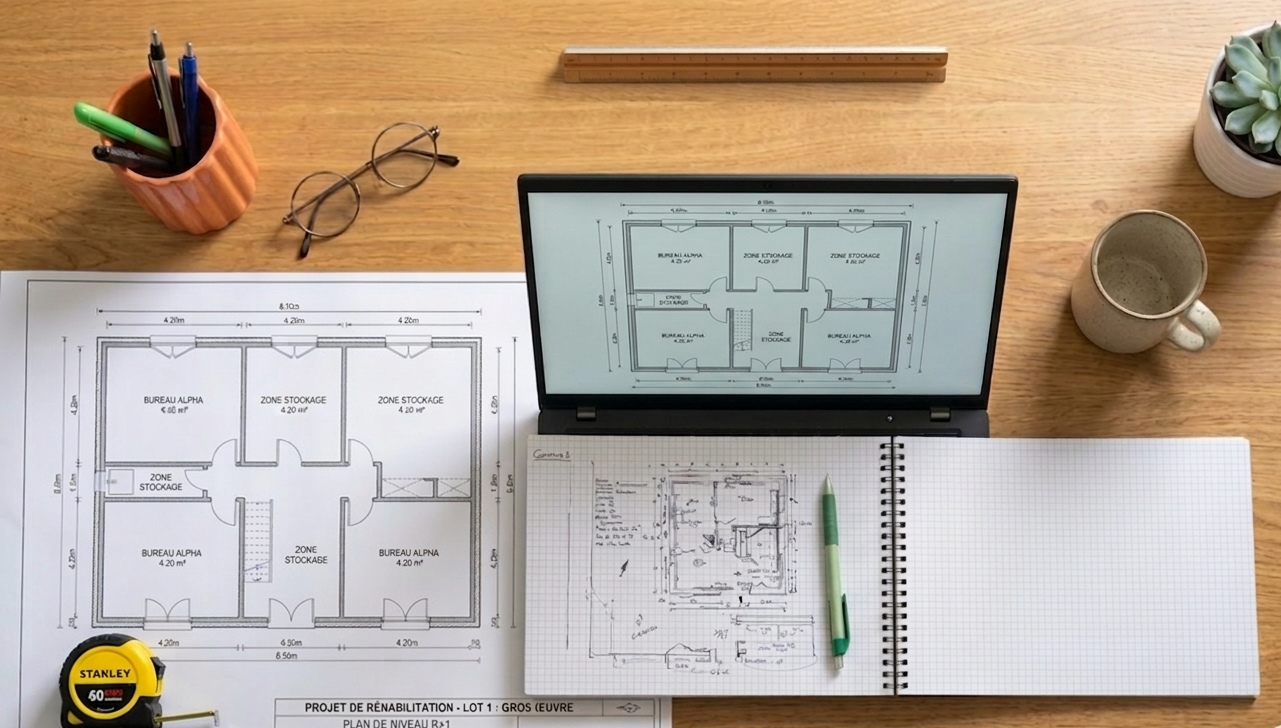 Plan d'architecture avec plans et croquis sur un bureau en bois, entouré de stylos, lunettes, tasse, plante succulente, et rouleau de ruban adhésif.