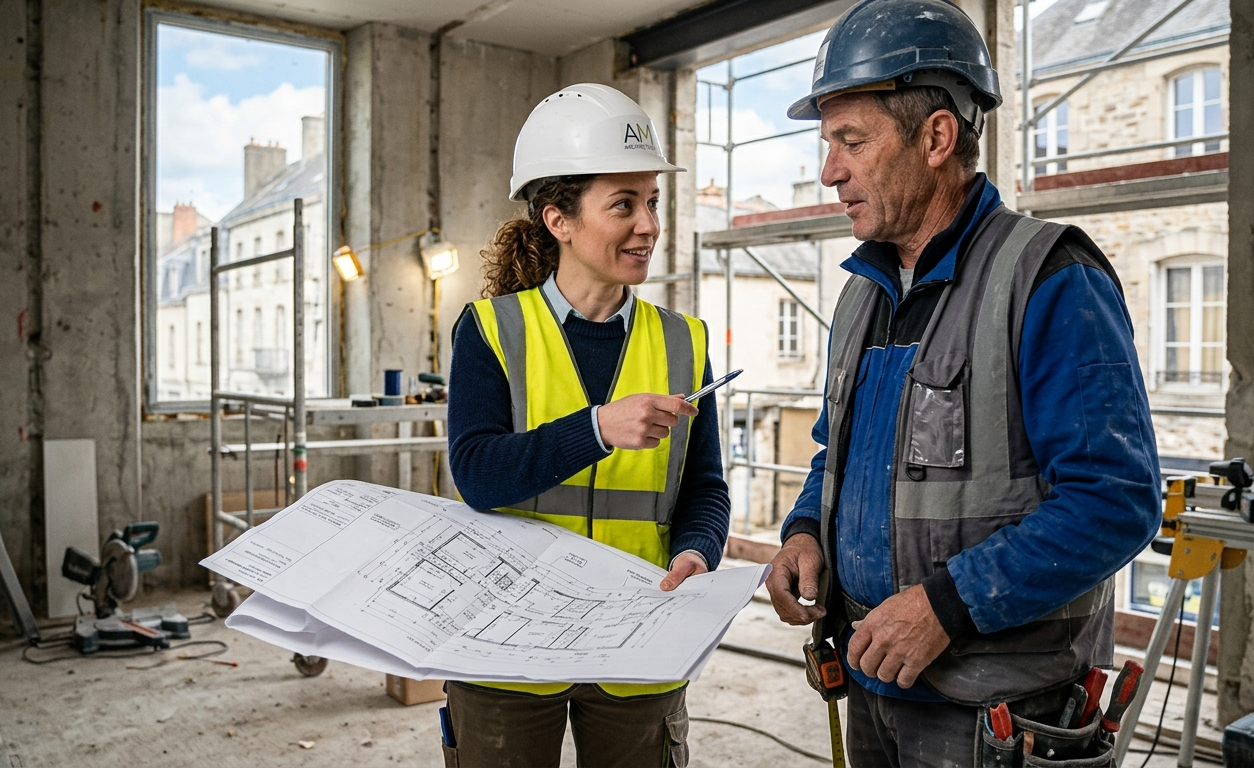 Deux ouvriers discutaient dans un chantier de construction. La femme tient un plan architectural, et ils portent des casques de sécurité et des vestes de sécurité.