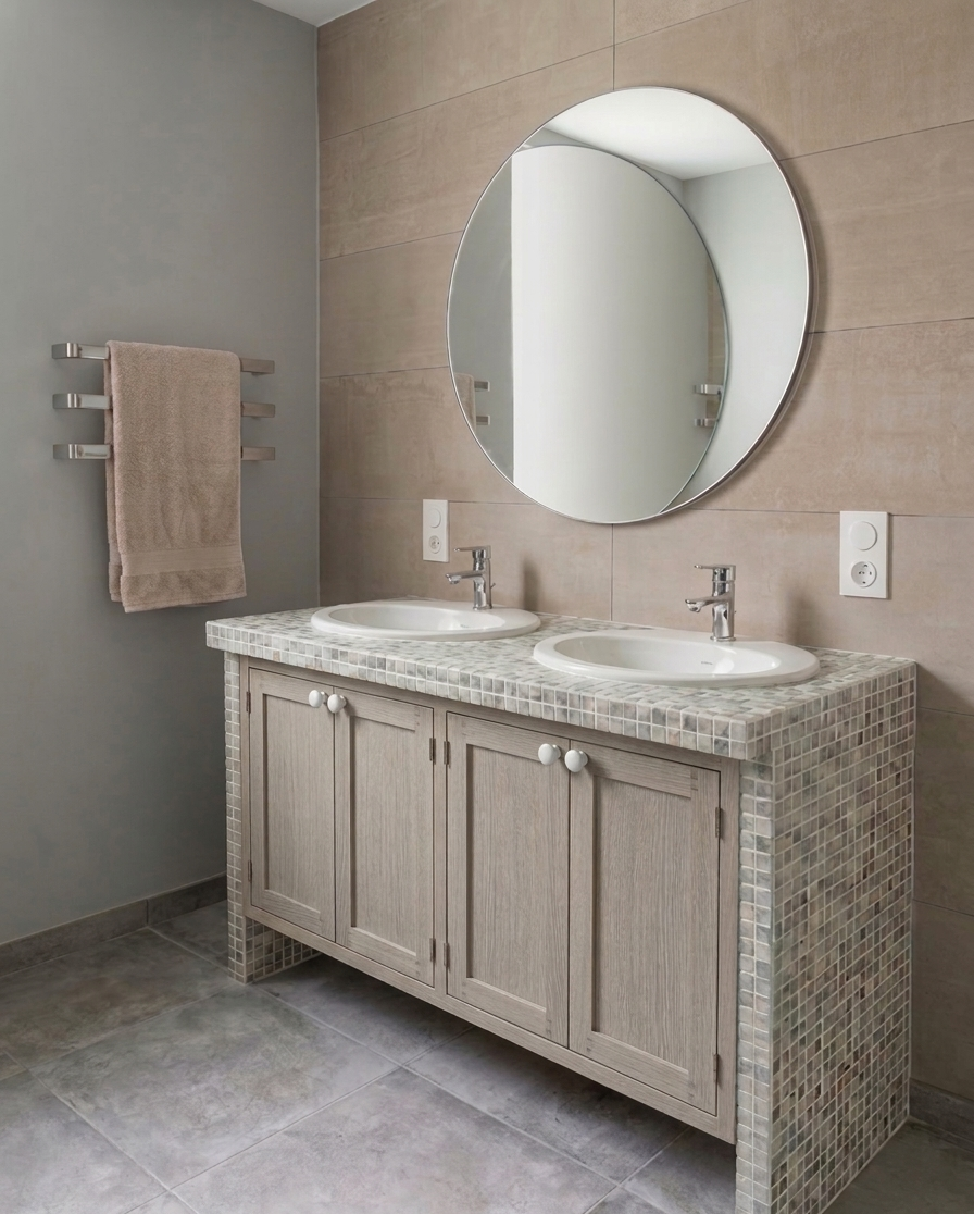 Salle de bain avec un double lavabo, un miroir rond, un meuble en bois clair, et un porte-serviettes avec une serviette beige.