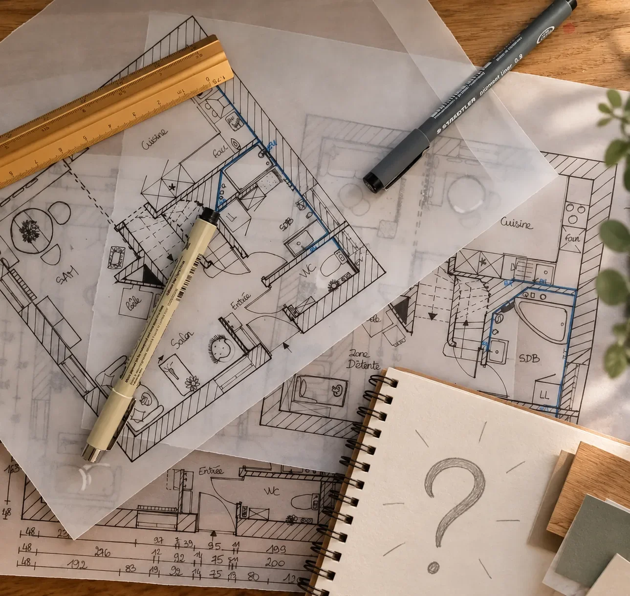 Plans d’aménagement intérieur étudiés avant un projet de rénovation