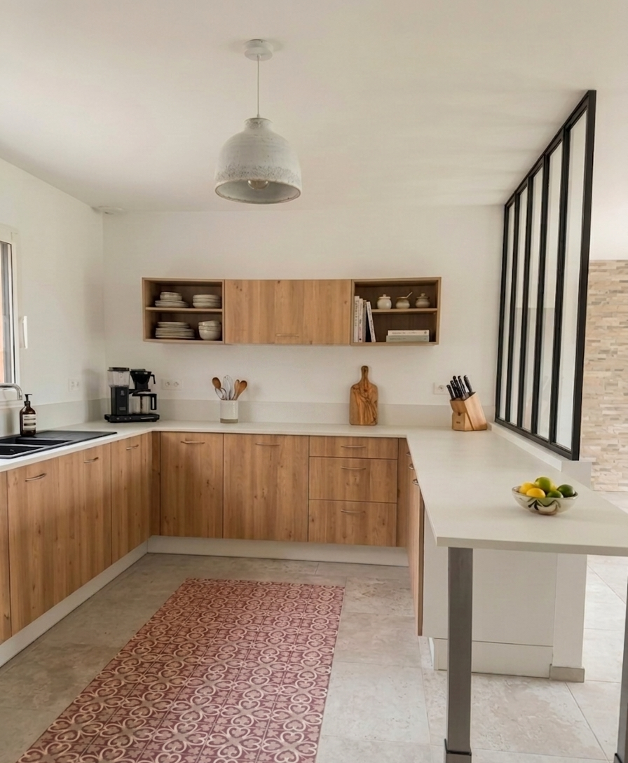 Cuisine moderne avec des armoires en bois clair, comptoir blanc, étagères ouvertes, petit électroménager, bol de fruits, décor en bois, partition en métal noir, sol carrelé beige, tapis à motifs roux.