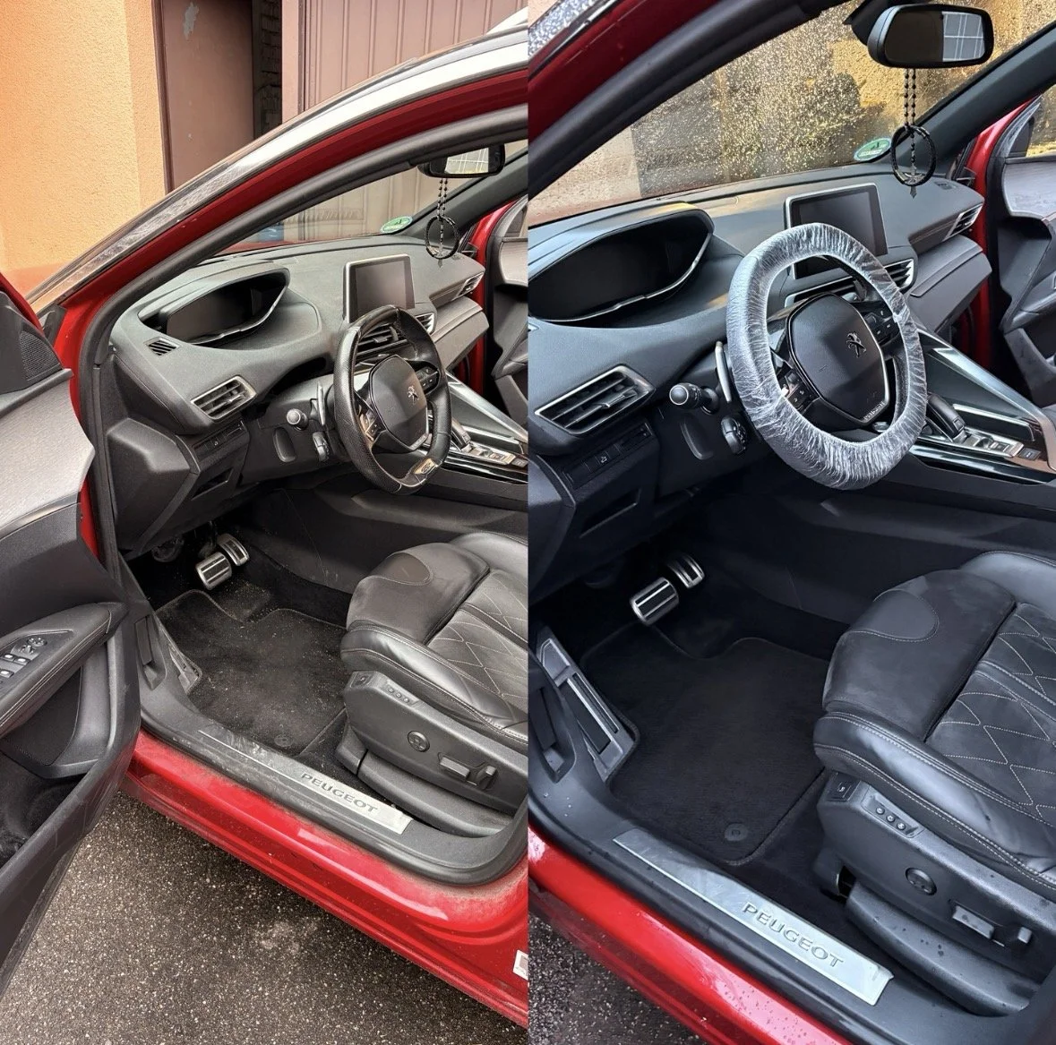 Innenansicht eines roten Peugeot-Autos, vergleicht zwei Zustände: Links vorher, rechts nach einer Reinigung, wobei der Innenraum sauber und gepflegt aussieht.