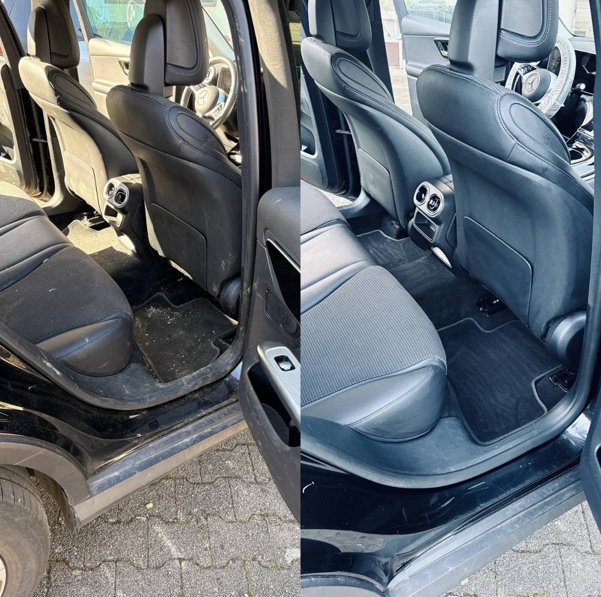 Der Vergleich des Innenraums eines Autos vor und nach Reinigung, zeigt saubere und gepflegte Sitze und Bodenbeläge.