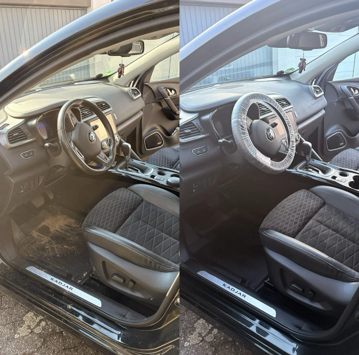 Innenraum eines Autos, links ungeputzter, rechts gereinigter Innenraum, beide mit Abbildungen des Lenkrads, und einem Schaltknauf, sowie einem Taschenbaumler am Spiegel.