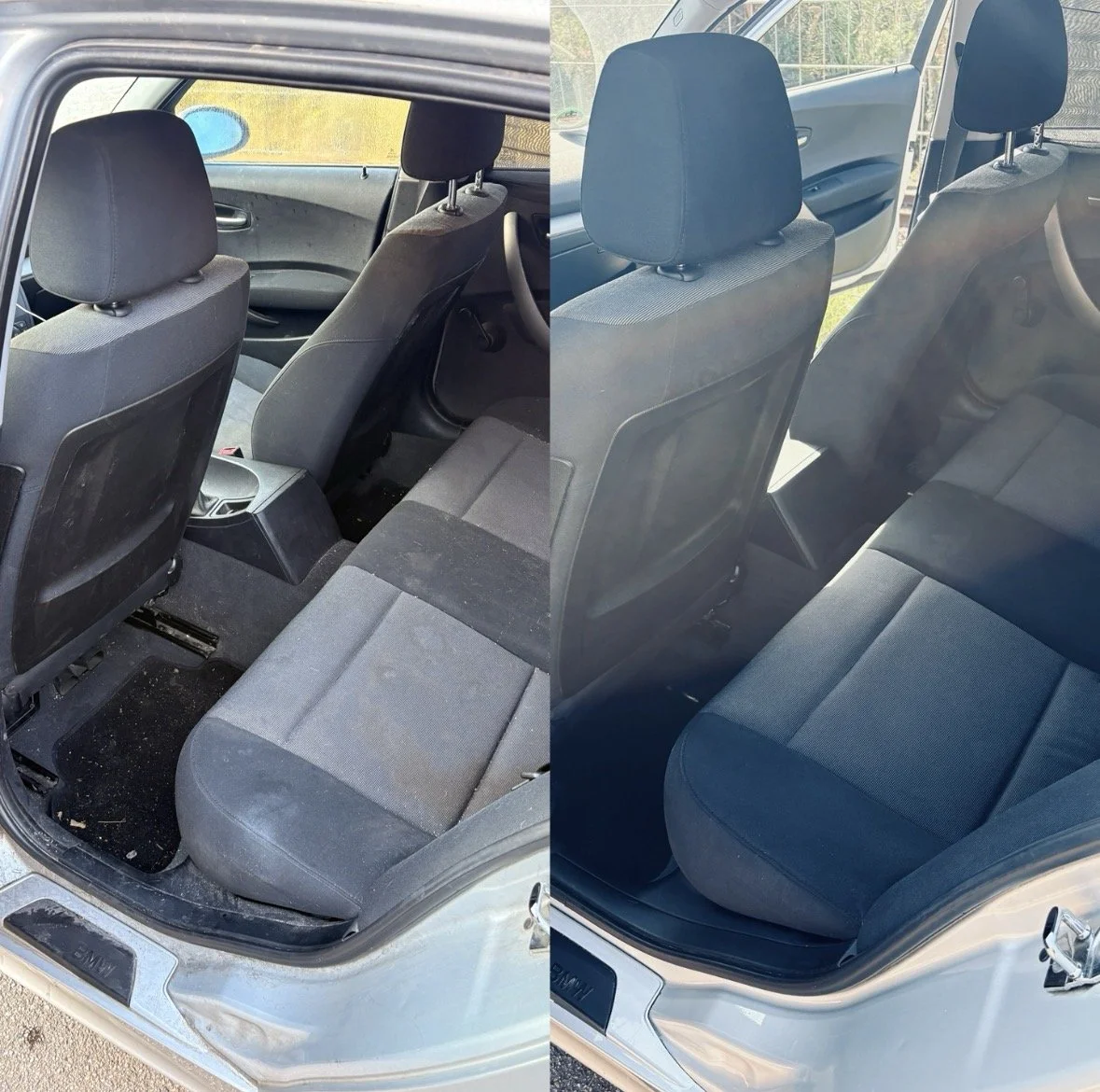 Vergleich des Innenraums eines Autos vor und nach der Reinigung: Der Stauraum ist vor der Reinigung schmutzig und ungeordnet, nach der Reinigung sauber und ordentlich.