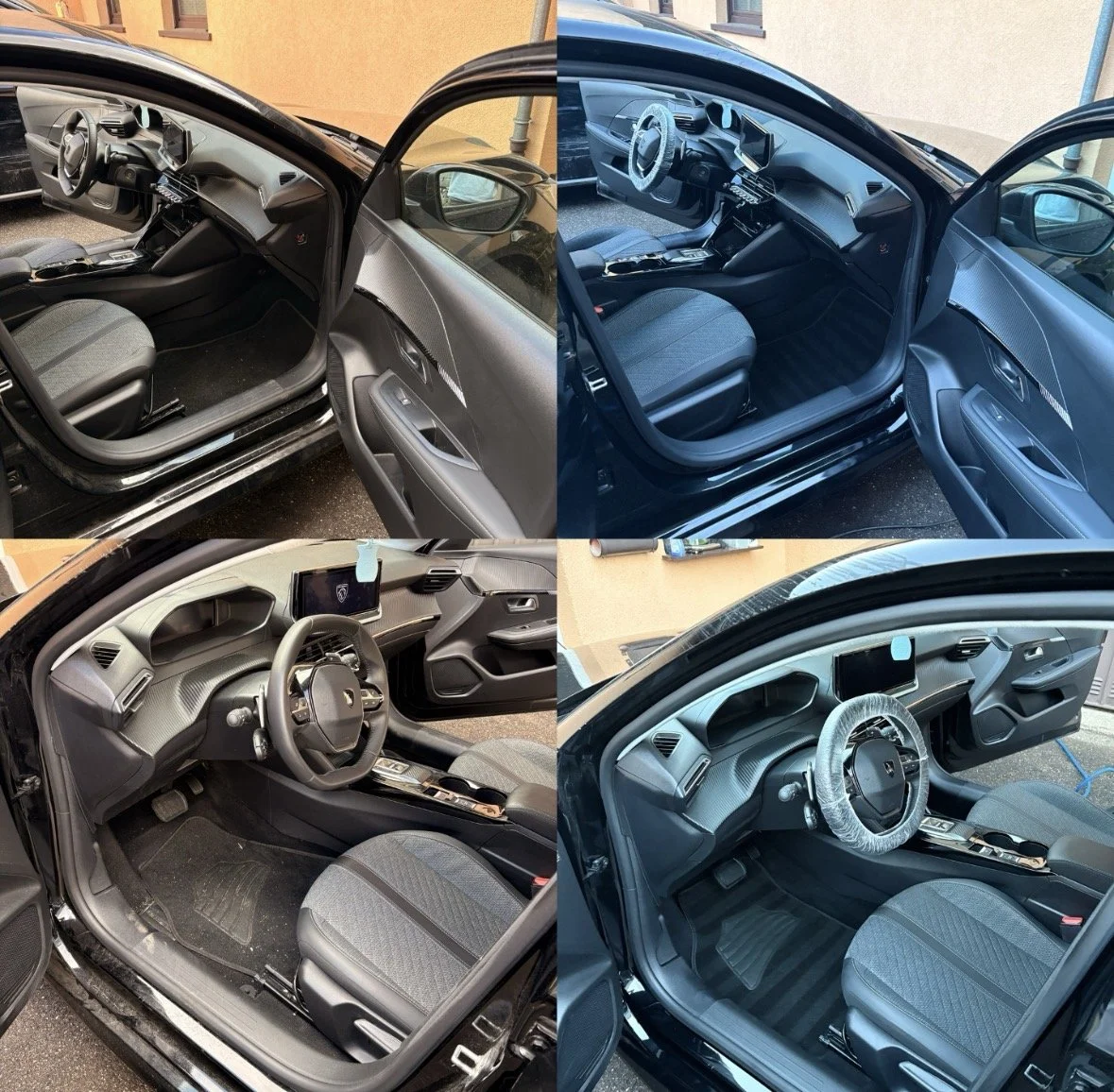 Vier Fotos von Innenräumen von Autos, unterschiedliche Designs und Ausstattungen, mit verschiedenen Armaturen, Lenkrädern und Sitzen.