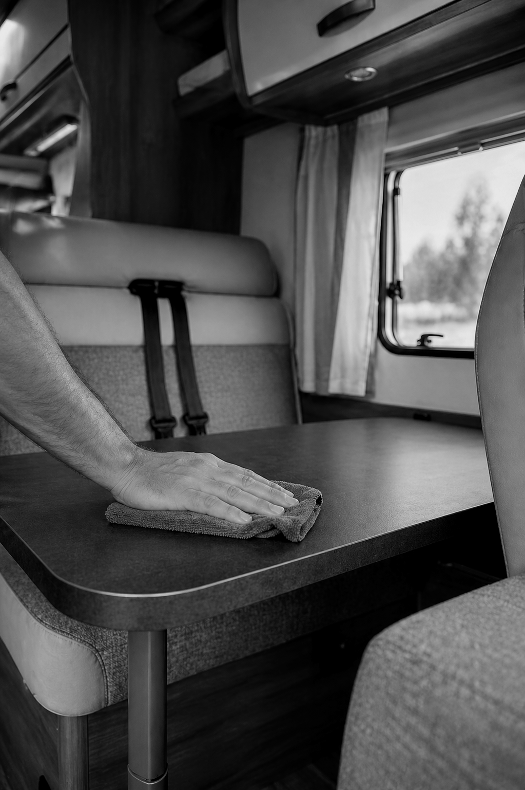 Eine Hand wischt mit einem Tuch den Tisch in einem Wohnmobil oder Camper, im Hintergrund sind Sitze, Fenster und Vorhänge sichtbar.